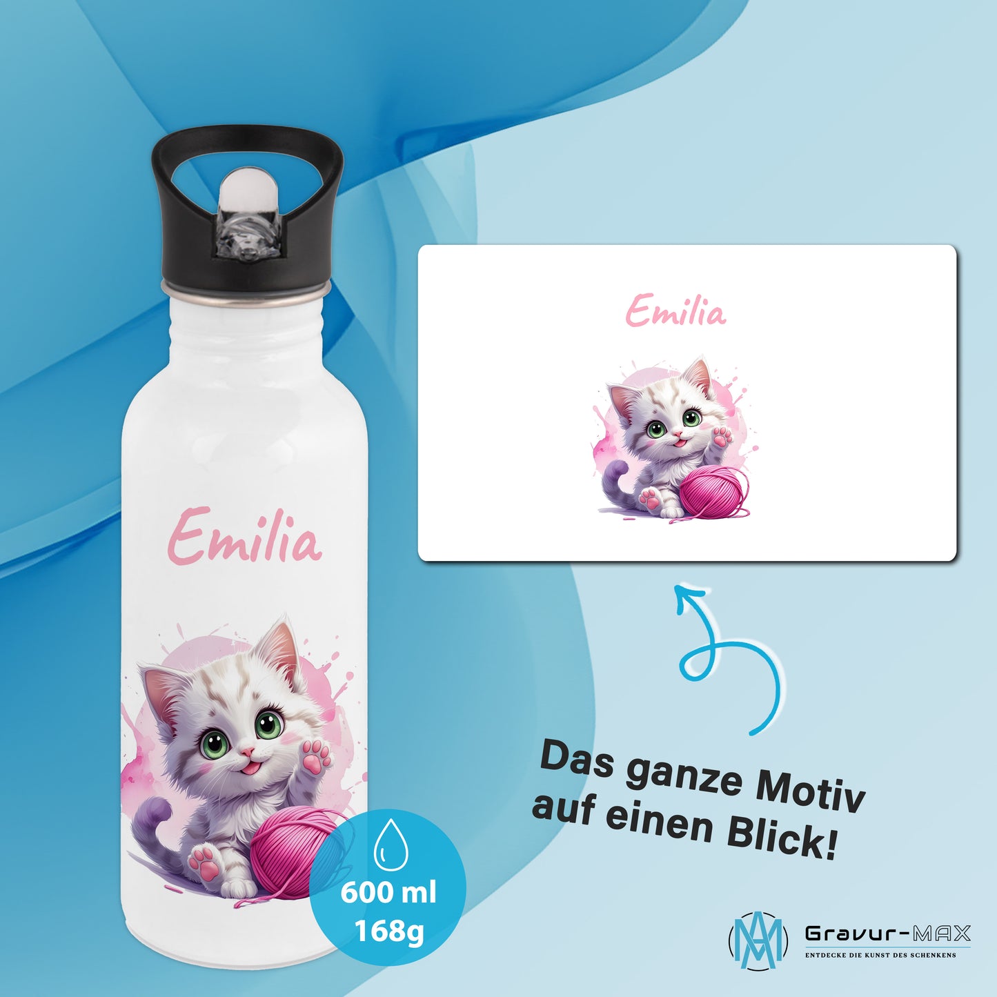 Trinkflasche mit Strohhalm in Weiß 600ml bedruckt mit niedlichen Tieren"Katze" personalisierbar für Kinder mit Wunschname aus Edelstahl
