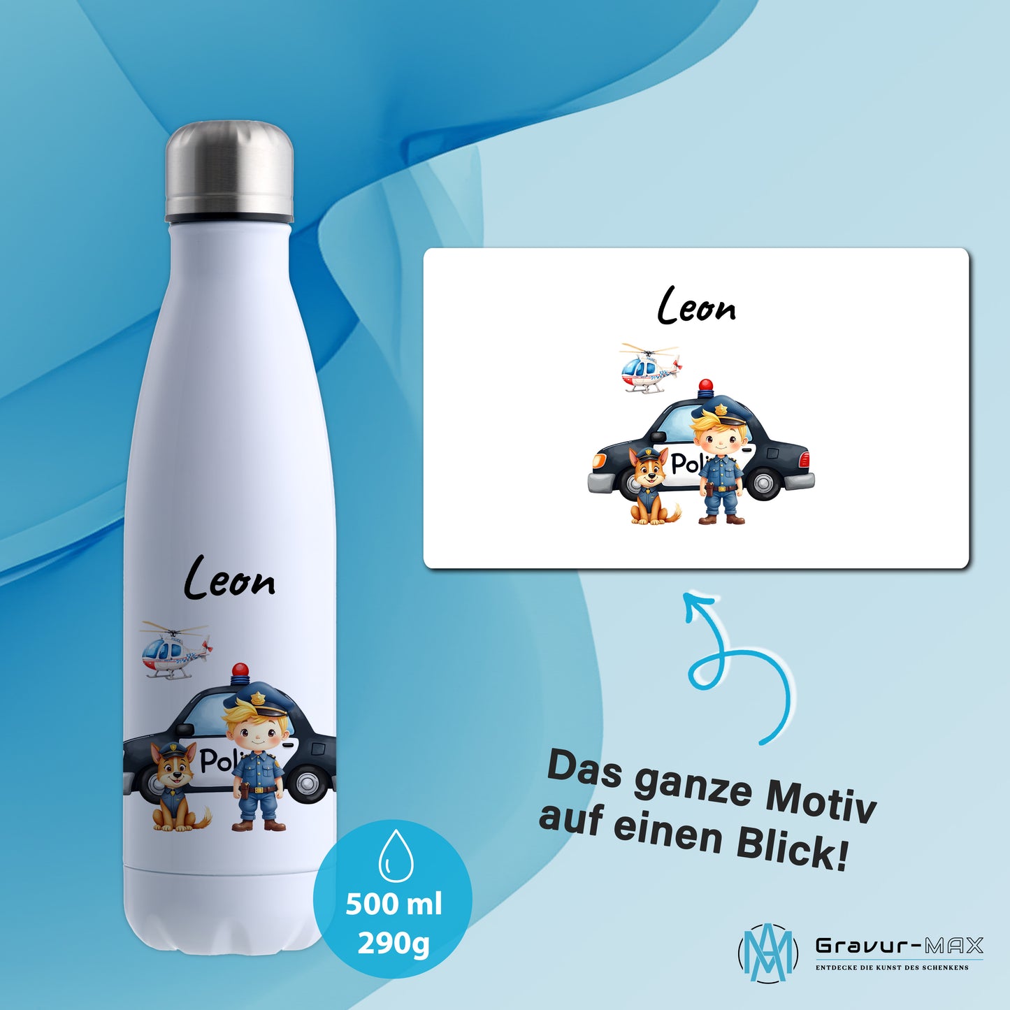 Thermoflasche 500ml in Weiß bedruckt mit tollen Motiven für Kinder "Polizei" personalisierbar mit Wunschname