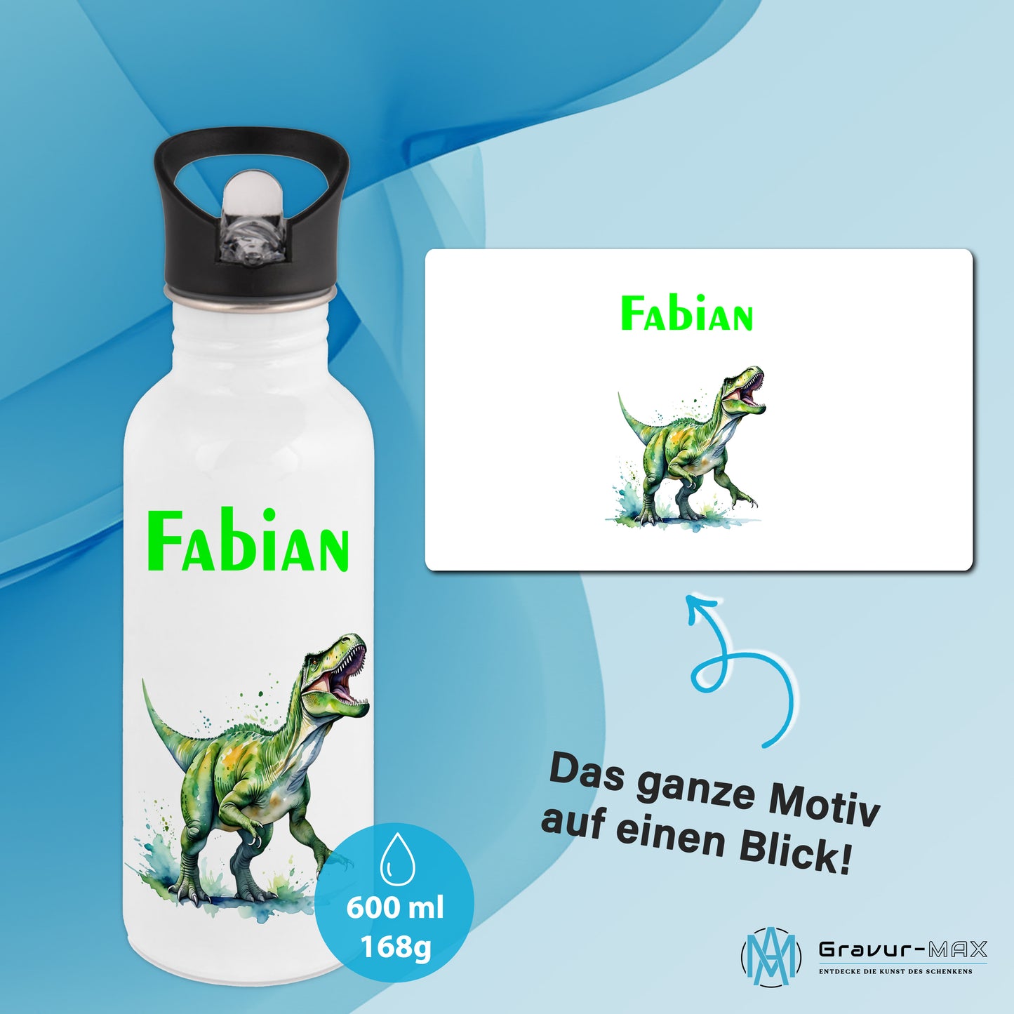 Trinkflasche mit Strohhalm in Weiß 600ml bedruckt mit tollen Motiven für Kinder "Dino T-Rex" personalisierbar für Kinder mit Wunschname aus Edelstahl