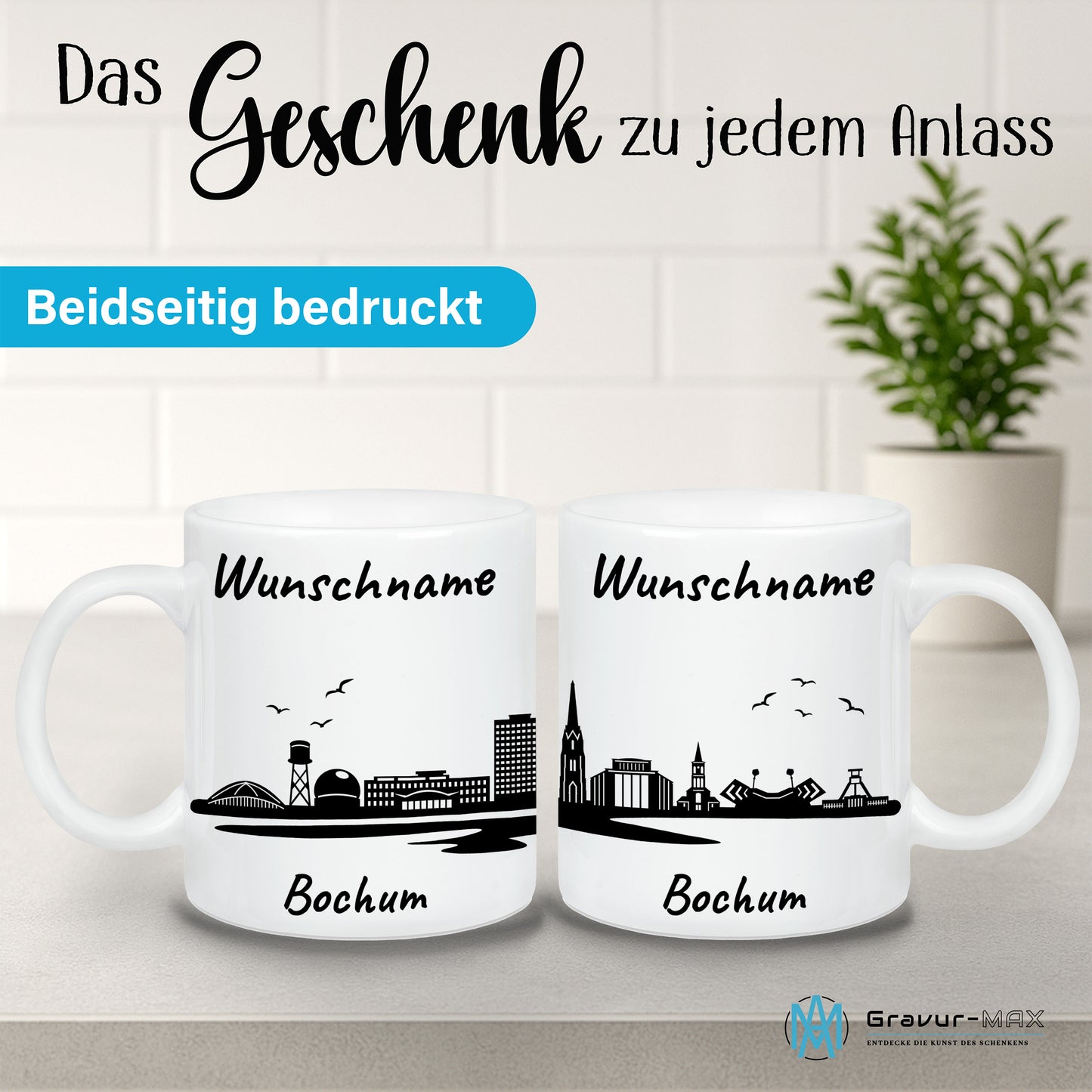 Tasse in Weiß 330ml bedruckt mit der Skyline von Bochum personalisierbar mit Wunschname
