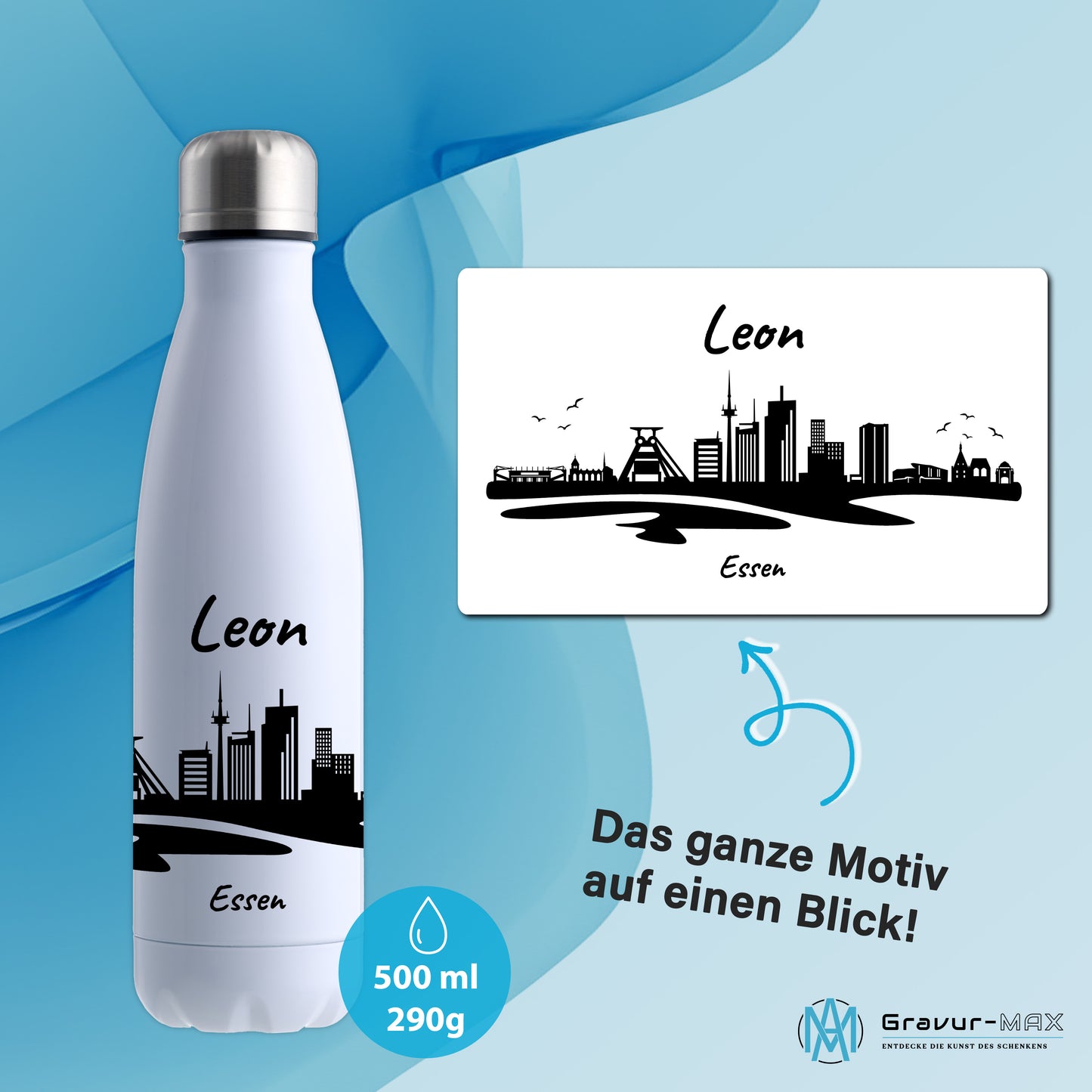 Trinkflasche in Weiß 500ml aus Edelstahl bedruckt mit der Skyline von Essen personalisierbar mit Wunschname