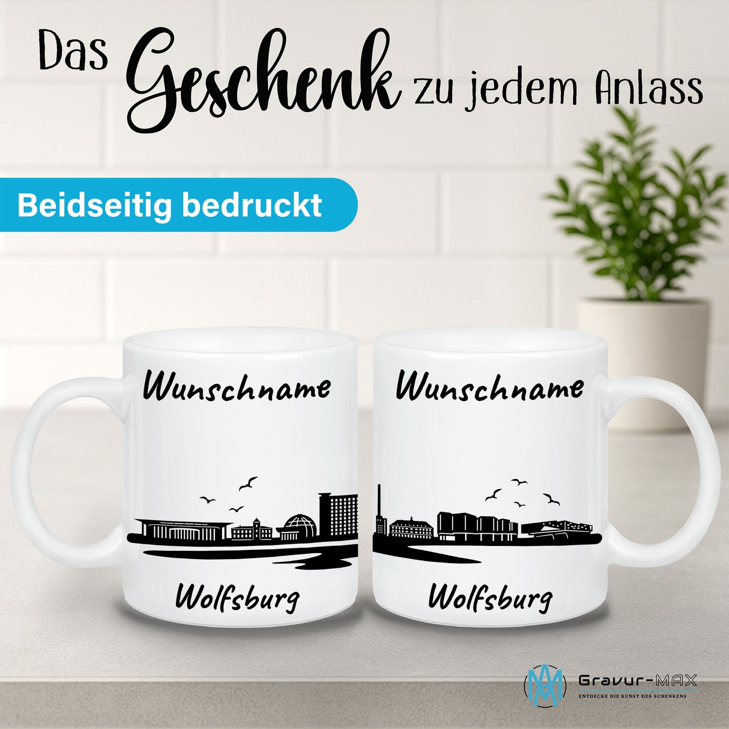Tasse in Weiß 330ml bedruckt mit der Skyline von Wolfsburg personalisierbar mit Wunschname