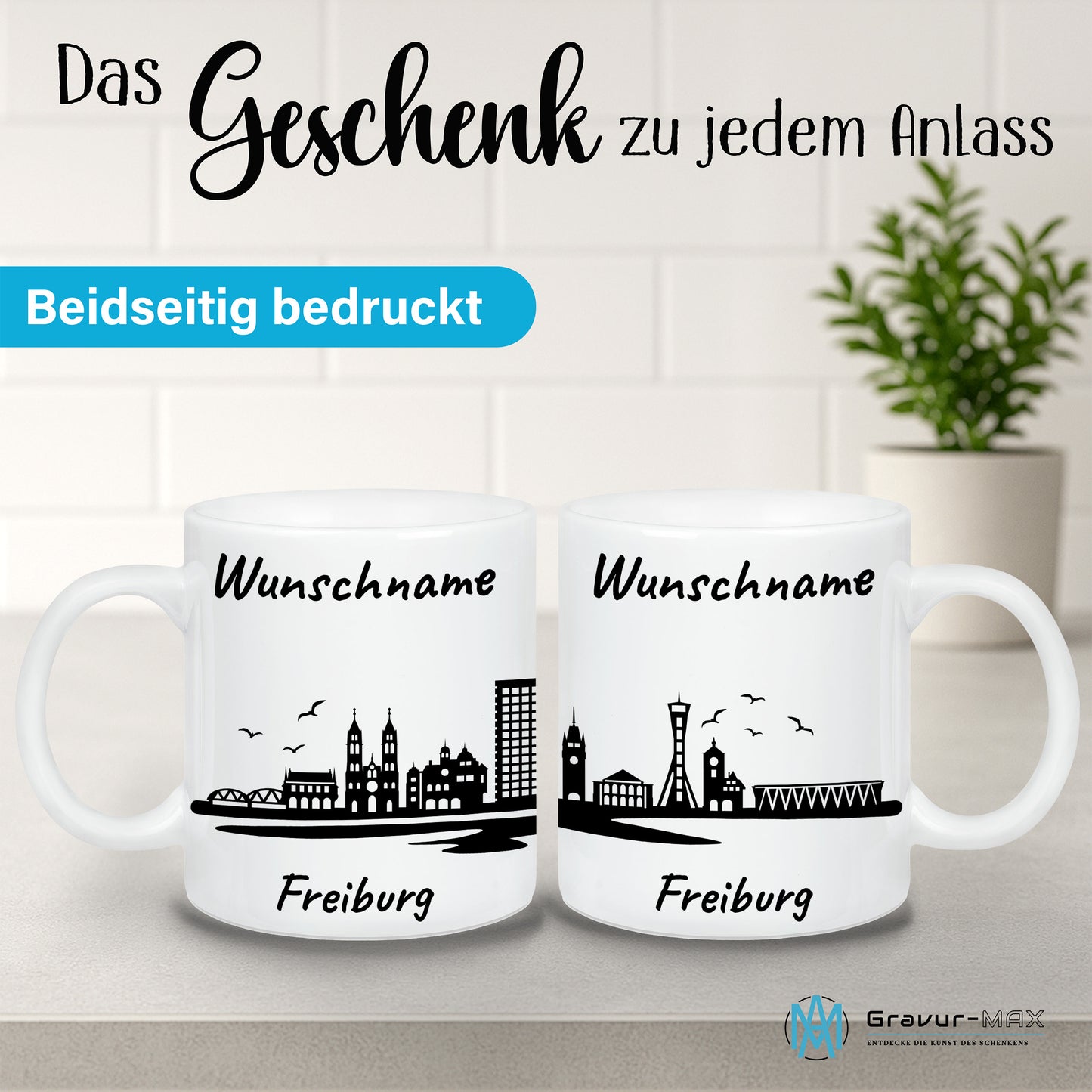 Tasse in Weiß 330ml bedruckt mit der Skyline von Freiburg personalisierbar mit Wunschname