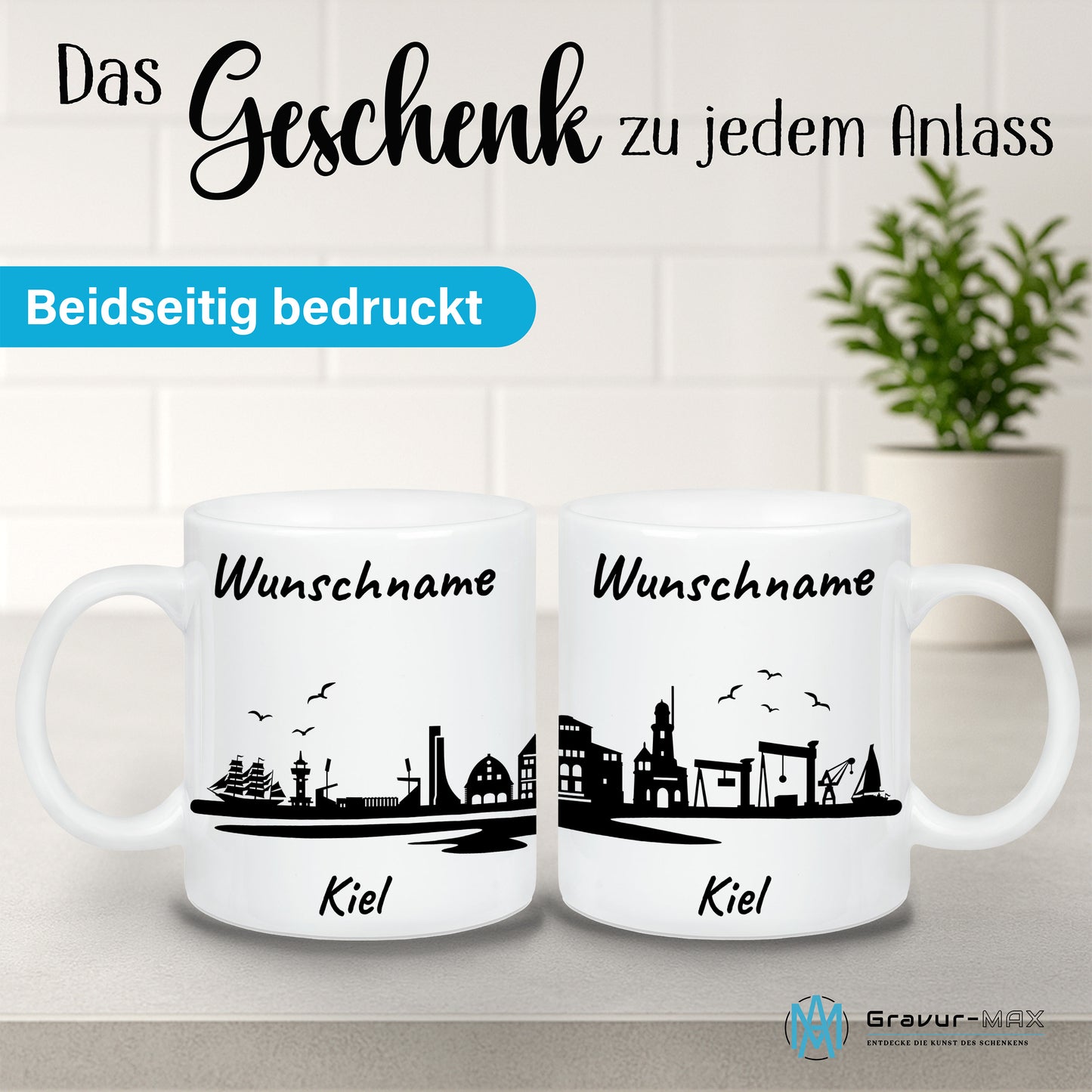 Tasse in Weiß 330ml bedruckt mit der Skyline von Kiel personalisierbar mit Wunschname