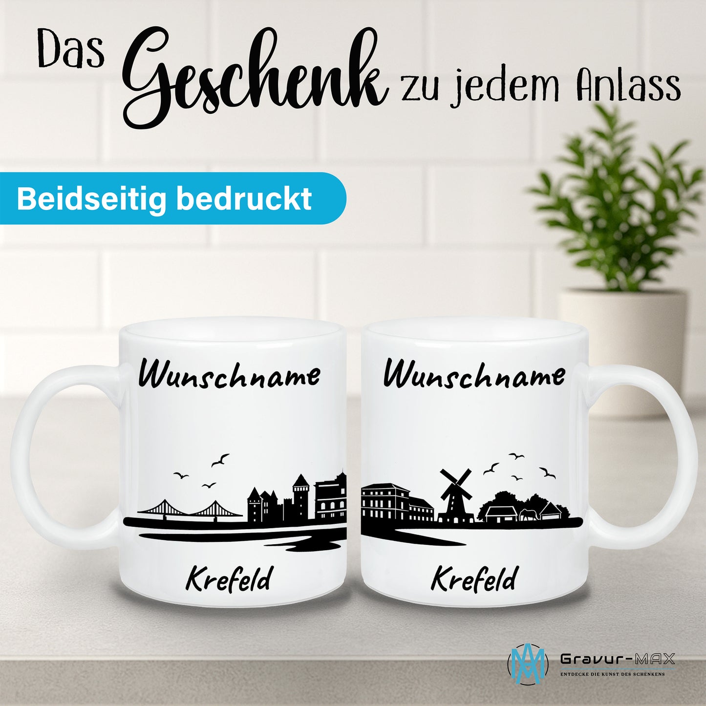 Tasse in Weiß 330ml bedruckt mit der Skyline von Krefeld personalisierbar mit Wunschname