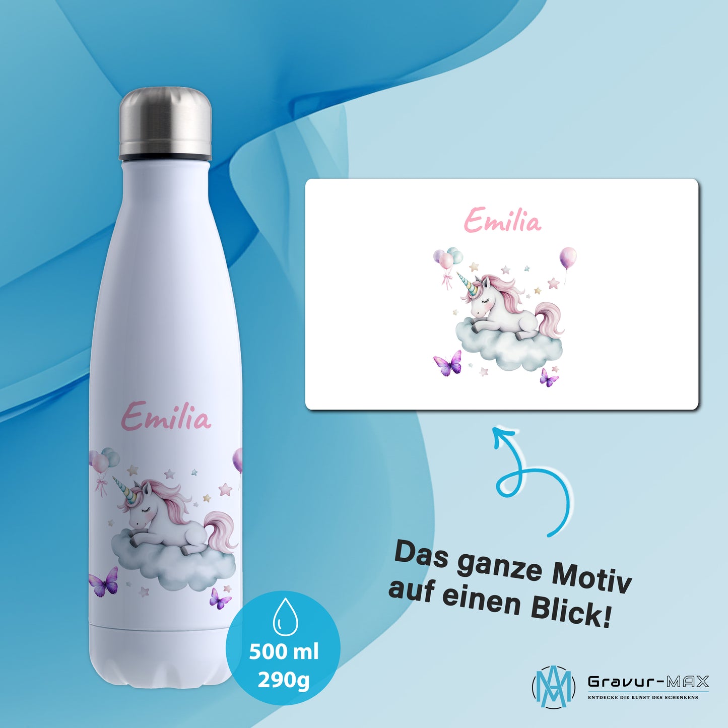 Thermoflasche 500ml in Weiß bedruckt mit tollen Motiven für Kinder "Einhorn Wolke" personalisierbar mit Wunschname