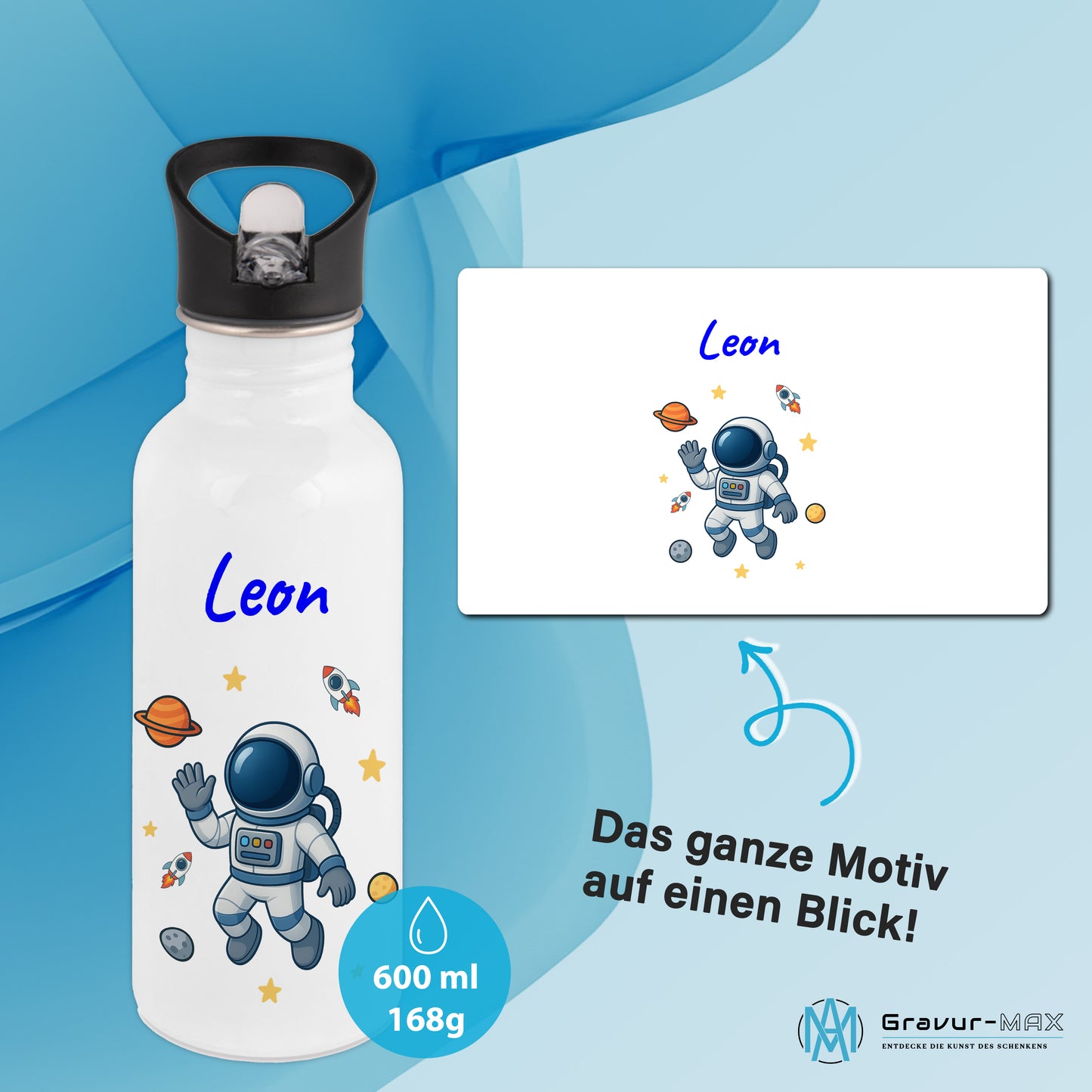 Trinkflasche mit Strohhalm in Weiß 600ml bedruckt mit tollen Motiven für Kinder "Astronaut" personalisierbar für Kinder mit Wunschname aus Edelstahl