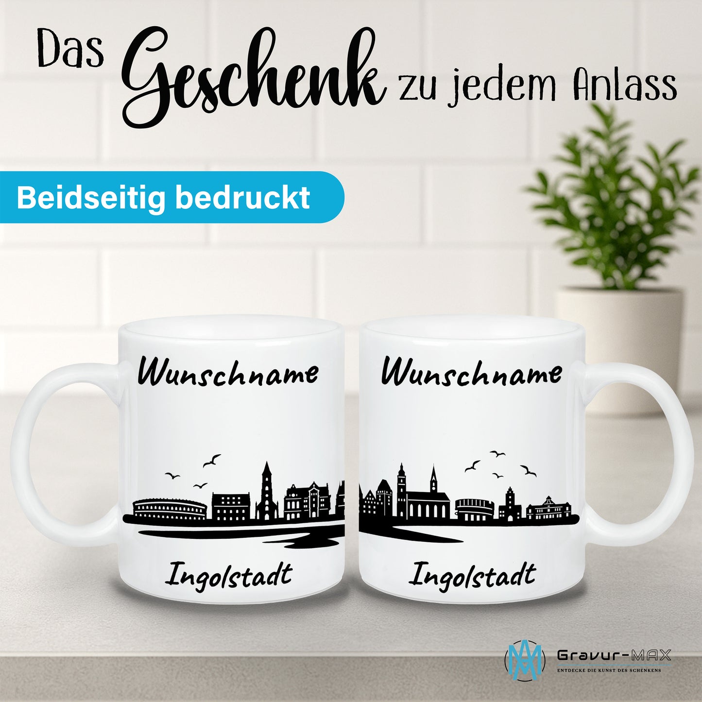Tasse in Weiß 330ml bedruckt mit der Skyline von Ingolstadt personalisierbar mit Wunschname