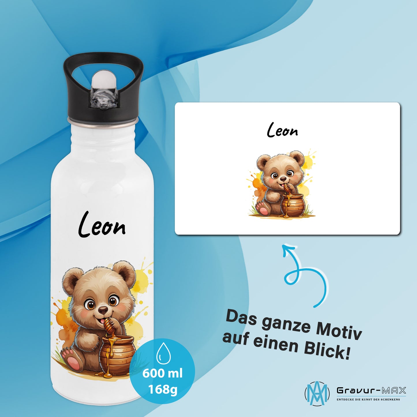 Trinkflasche mit Strohhalm in Weiß 600ml bedruckt mit niedlichen Tieren"Bär" personalisierbar für Kinder mit Wunschname aus Edelstahl