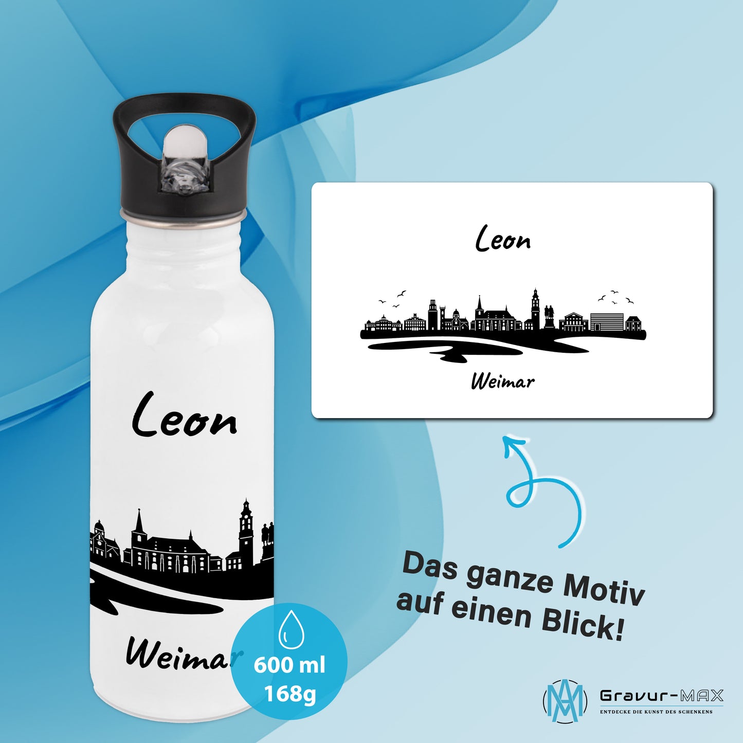 Trinkflasche in Weiß 600ml aus Edelstahl bedruckt mit der Skyline von Weimar personalisierbar mit Wunschname