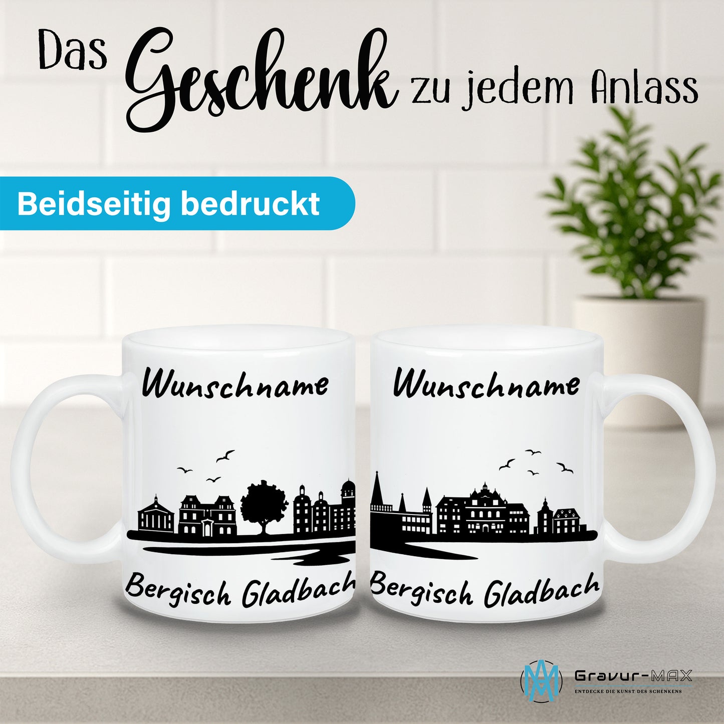 Tasse in Weiß 330ml bedruckt mit der Skyline von Bergisch Gladbach personalisierbar mit Wunschname