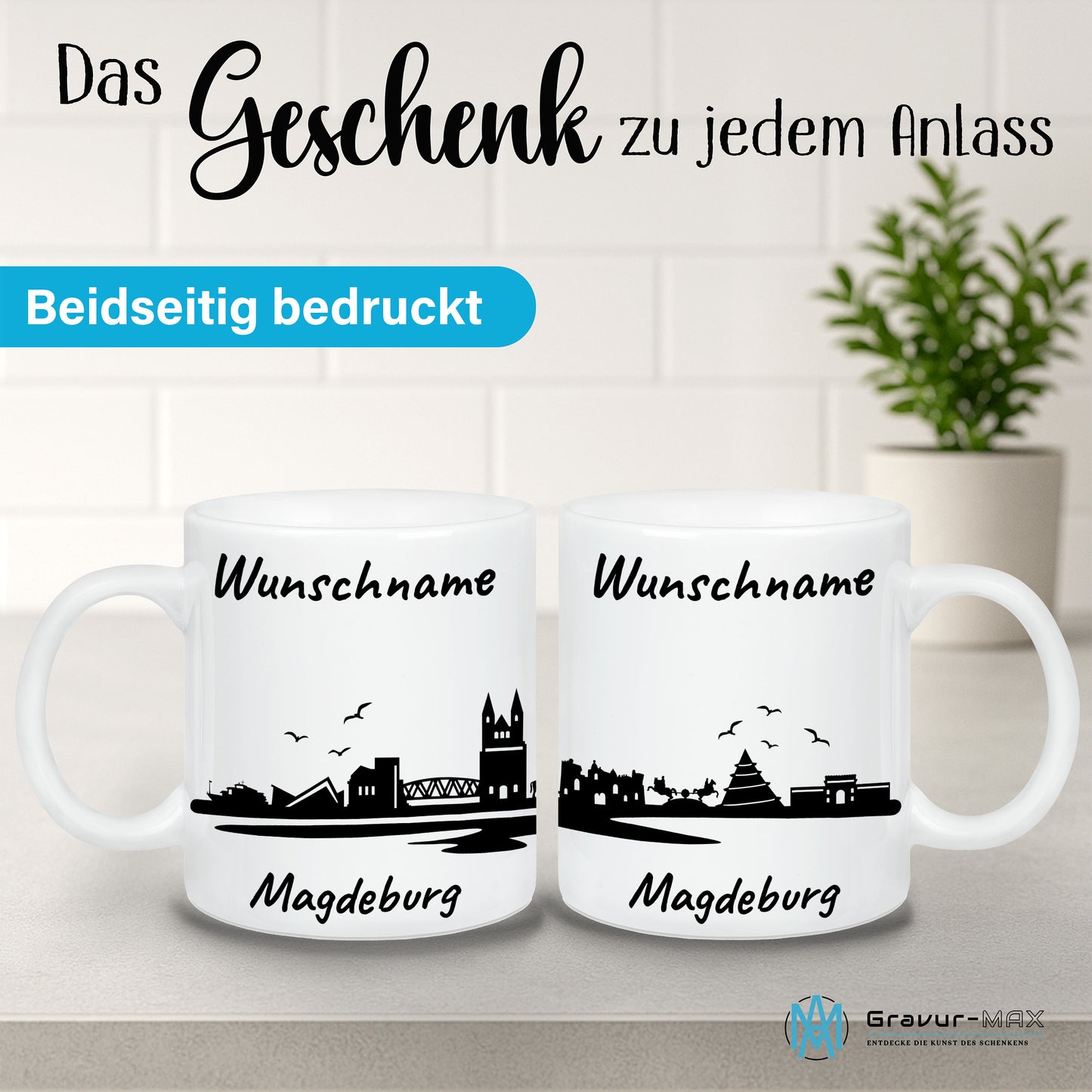 Tasse in Weiß 330ml bedruckt mit der Skyline von Magdeburg personalisierbar mit Wunschname