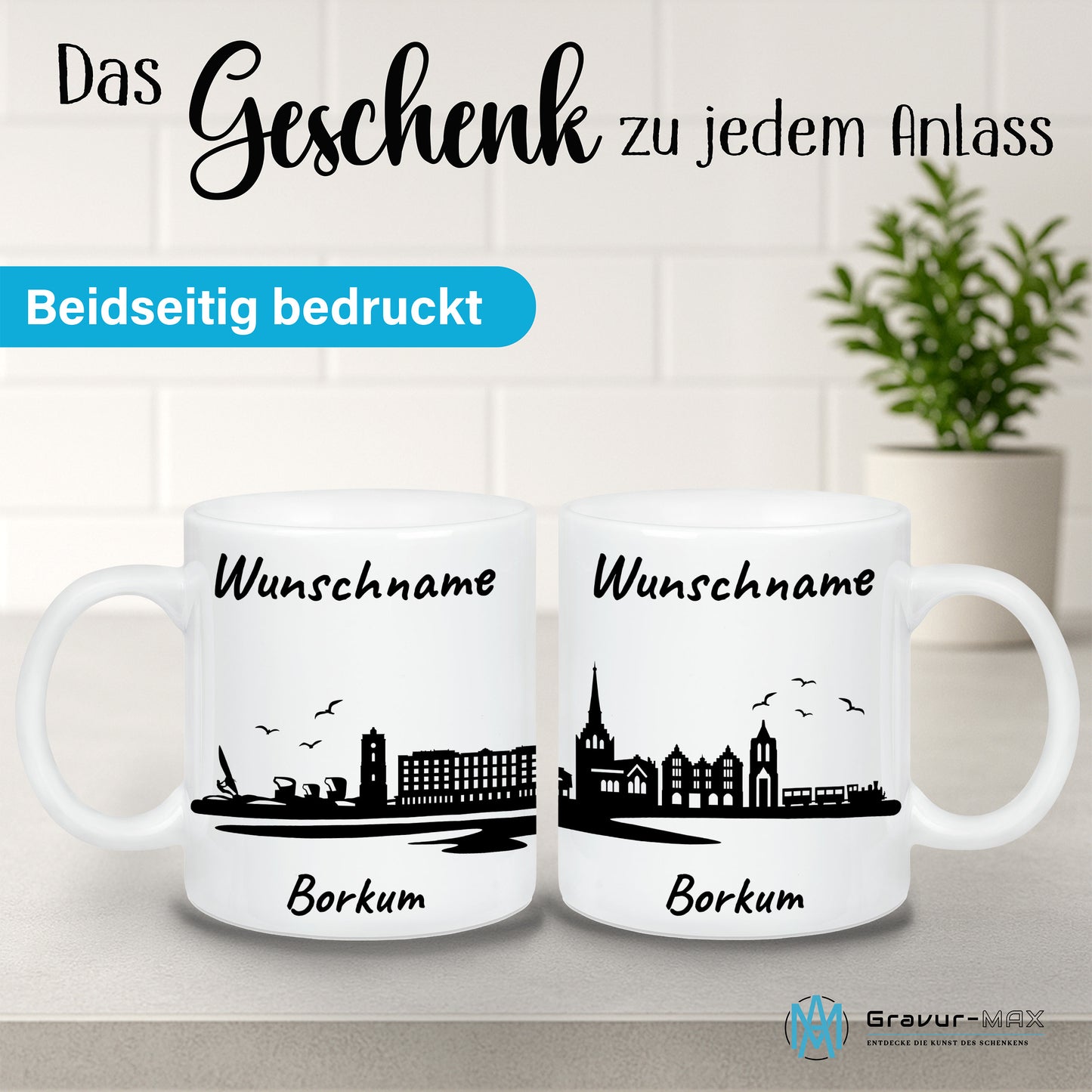 Tasse in Weiß 330ml bedruckt mit der Skyline von Borkum personalisierbar mit Wunschname