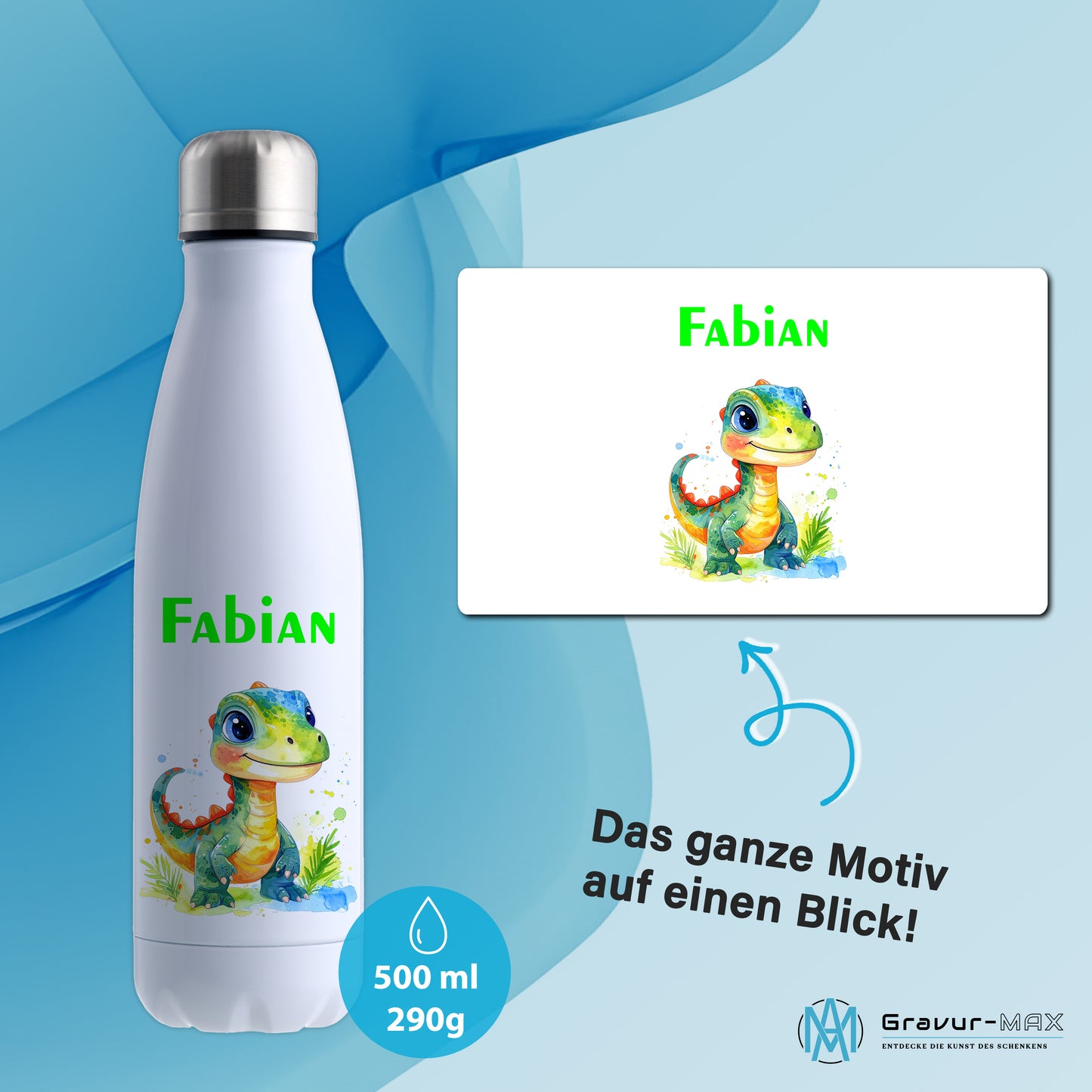 Thermoflasche 500ml in Weiß bedruckt mit tollen Motiven für Kinder "Dino Kinder" personalisierbar mit Wunschname