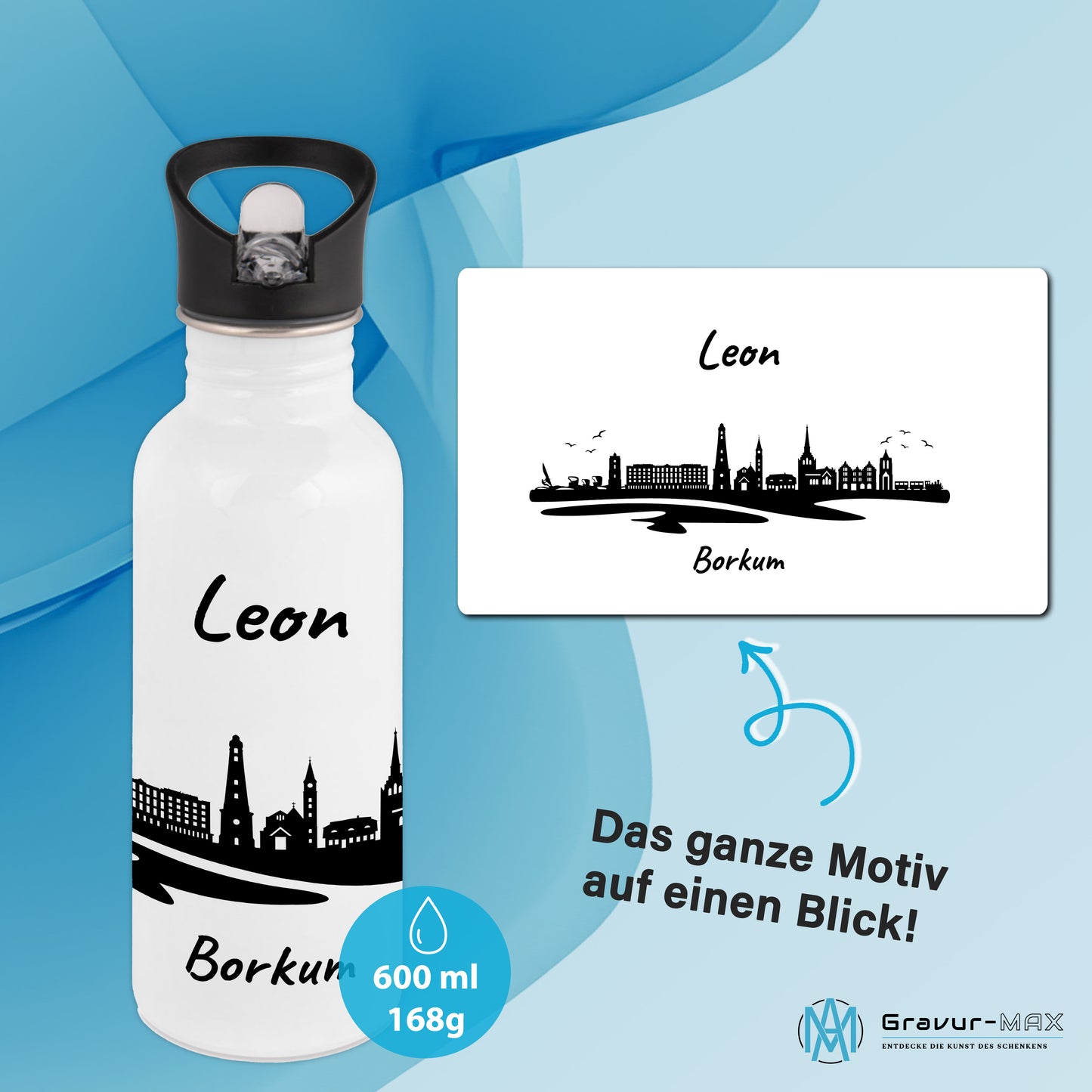 Trinkflasche in Weiß 600ml aus Edelstahl bedruckt mit der Skyline von Borkum personalisierbar mit Wunschname