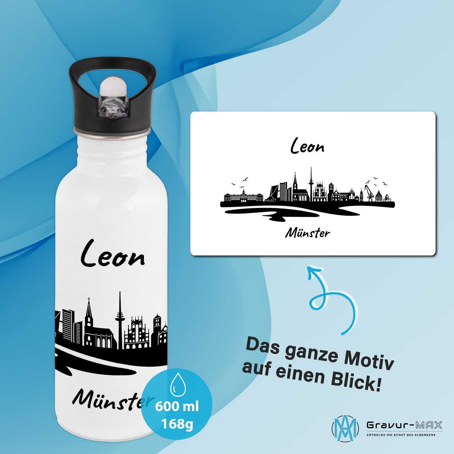 Trinkflasche in Weiß 600ml aus Edelstahl bedruckt mit der Skyline von München personalisierbar mit Wunschname