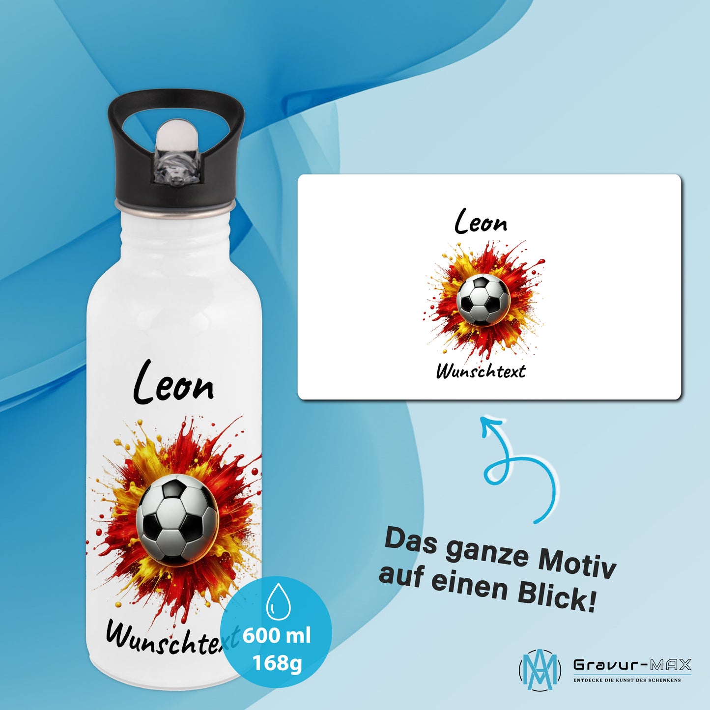 Trinkflasche mit Strohhalm in Weiß 600ml bedruckt mit Fußball Motiven"Motiv9" personalisierbar für Kinder mit Wunschname aus Edelstahl
