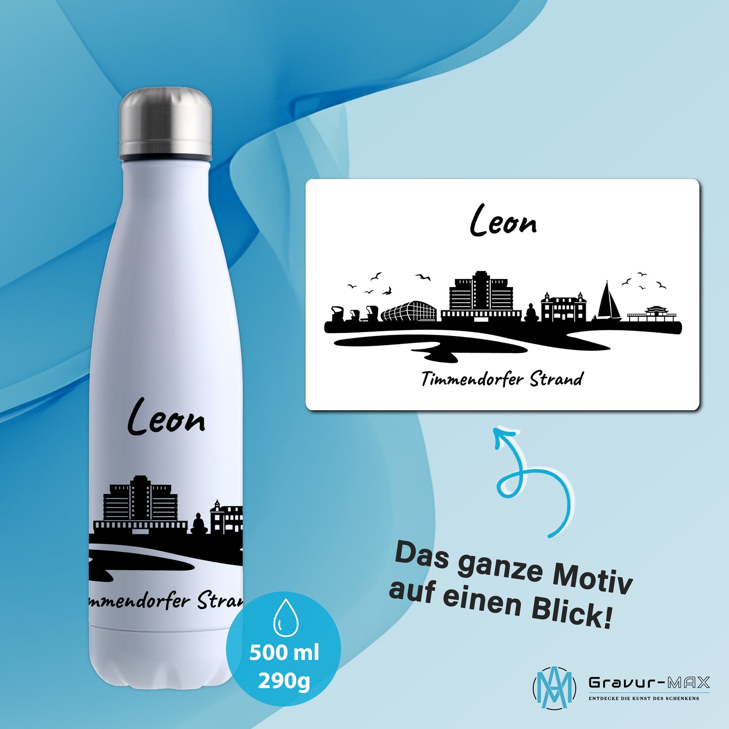 Trinkflasche in Weiß 500ml aus Edelstahl bedruckt mit der Skyline von Timmendorfer Strand personalisierbar mit Wunschname
