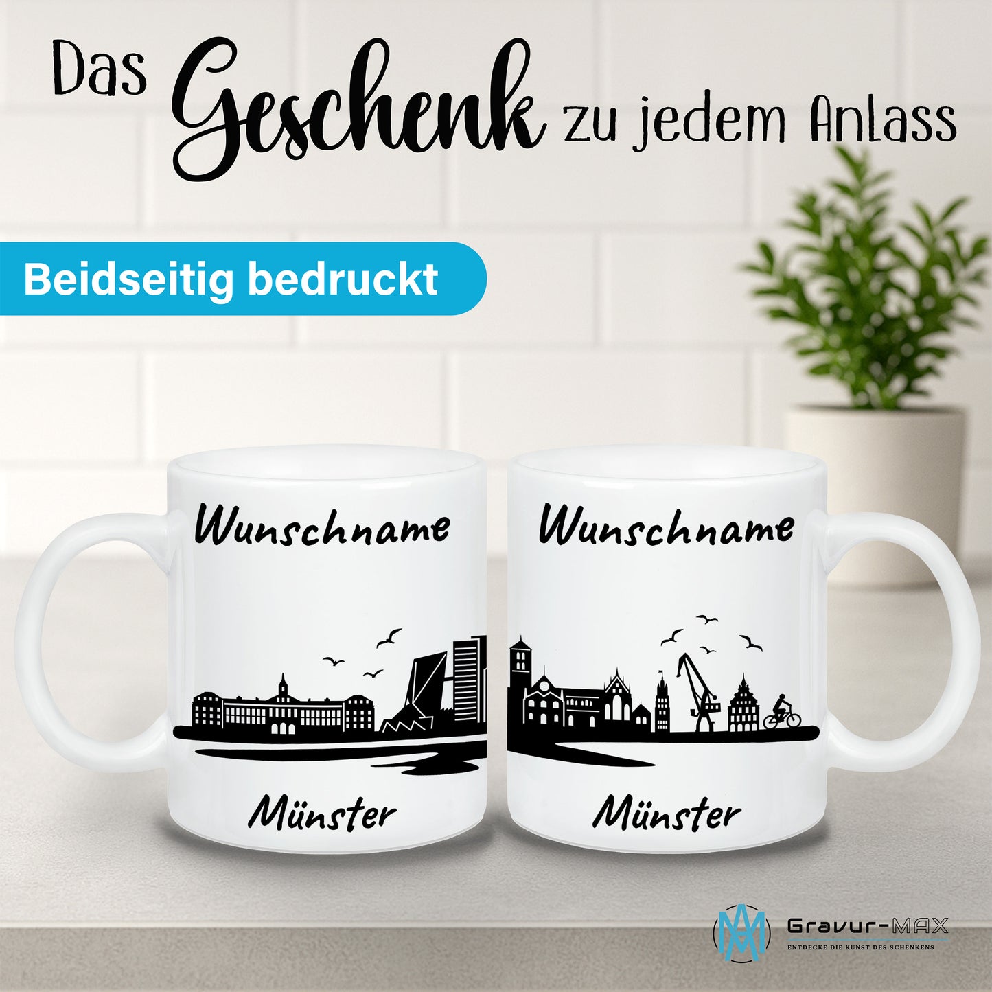 Tasse in Weiß 330ml bedruckt mit der Skyline von Münster personalisierbar mit Wunschname