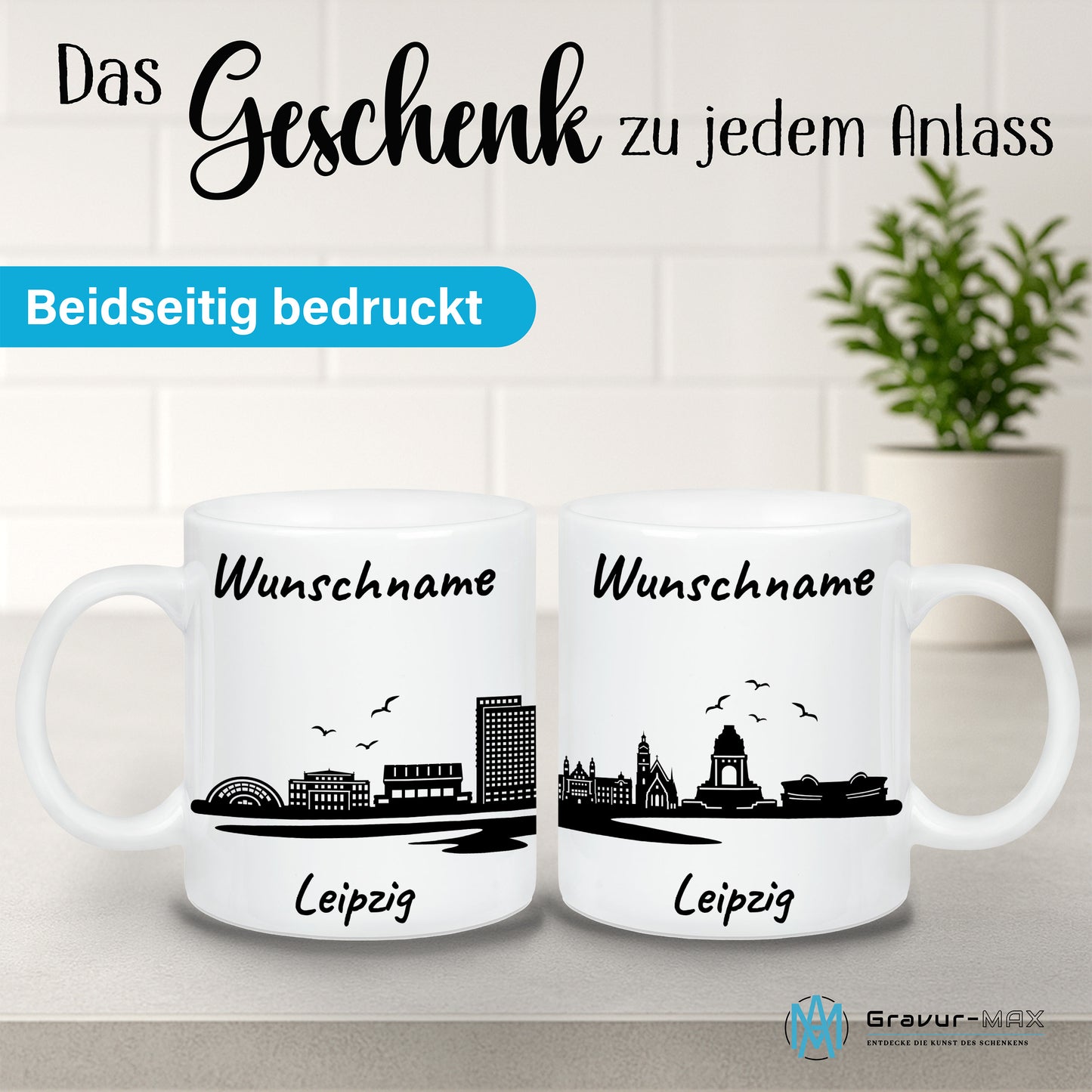 Tasse in Weiß 330ml bedruckt mit der Skyline von Leipzig personalisierbar mit Wunschname