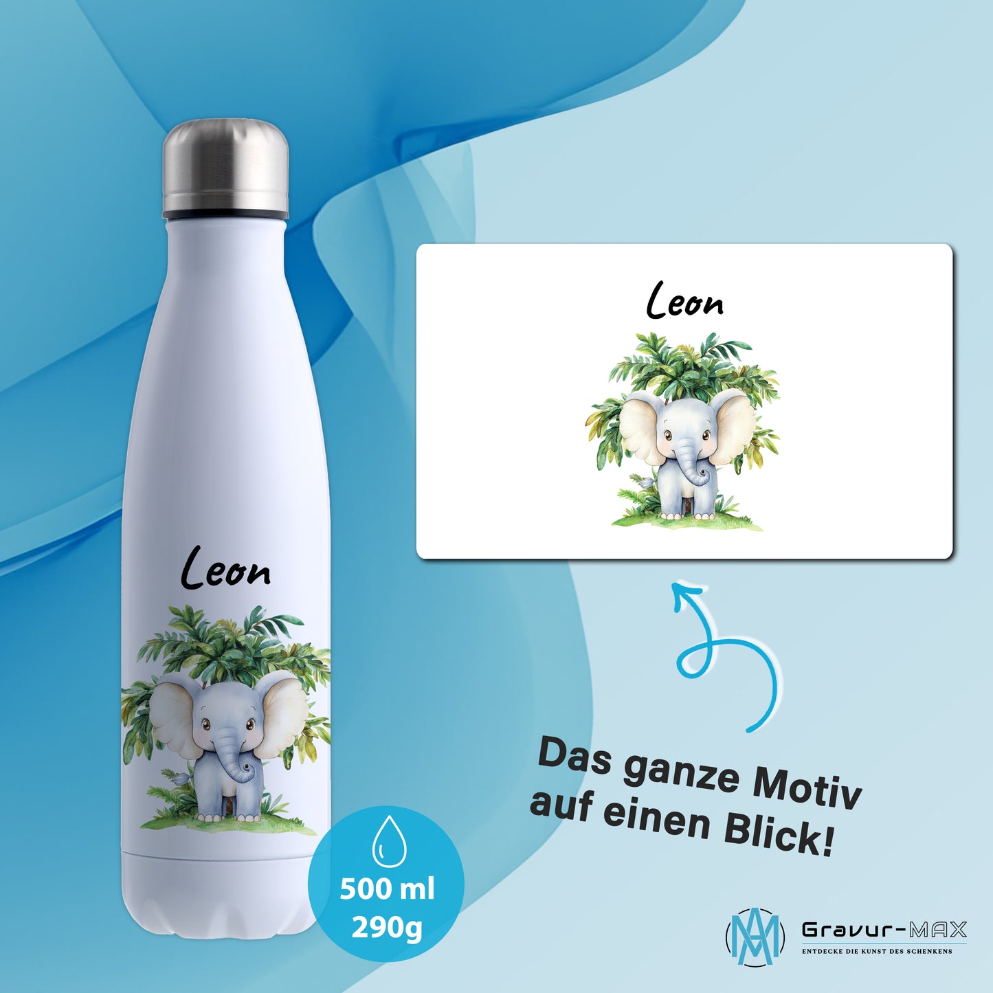 Trinkflasche in Weiß 500ml aus Edelstahl bedruckt mit Dschungel Tieren"Elefant" personalisierbar für Kinder mit Wunschname