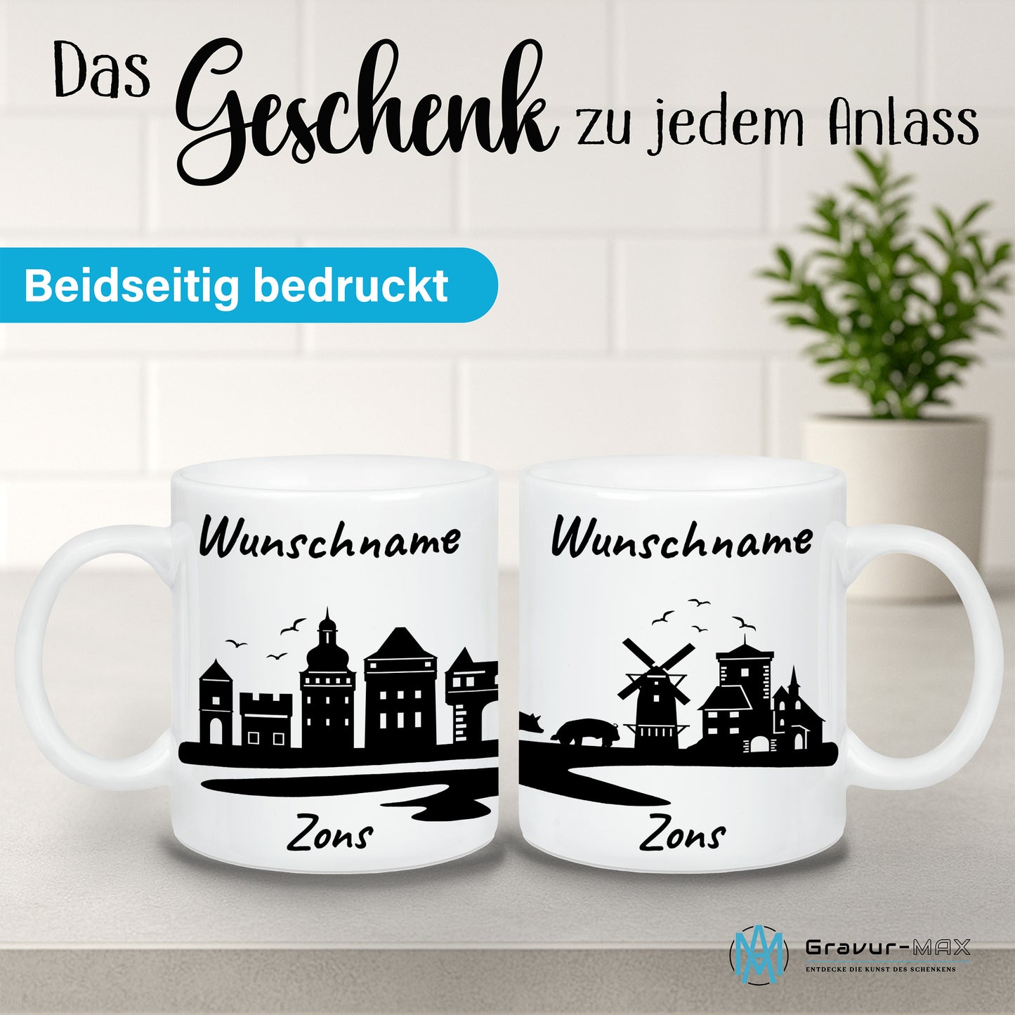 Tasse in Weiß 330ml bedruckt mit der Skyline von Zons (Dormagen) personalisierbar mit Wunschname