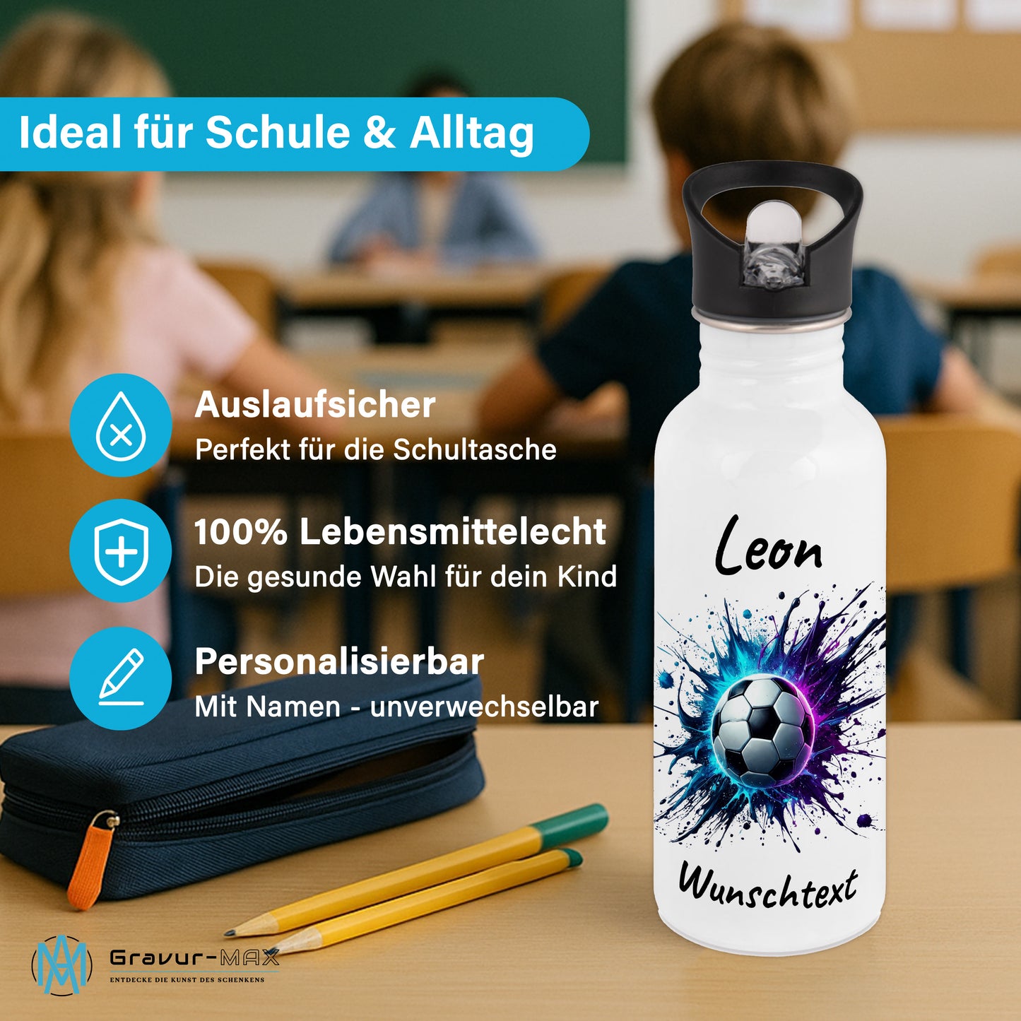 Trinkflasche mit Strohhalm in Weiß 600ml bedruckt mit Fußball Motiven"Motiv10" personalisierbar für Kinder mit Wunschname aus Edelstahl