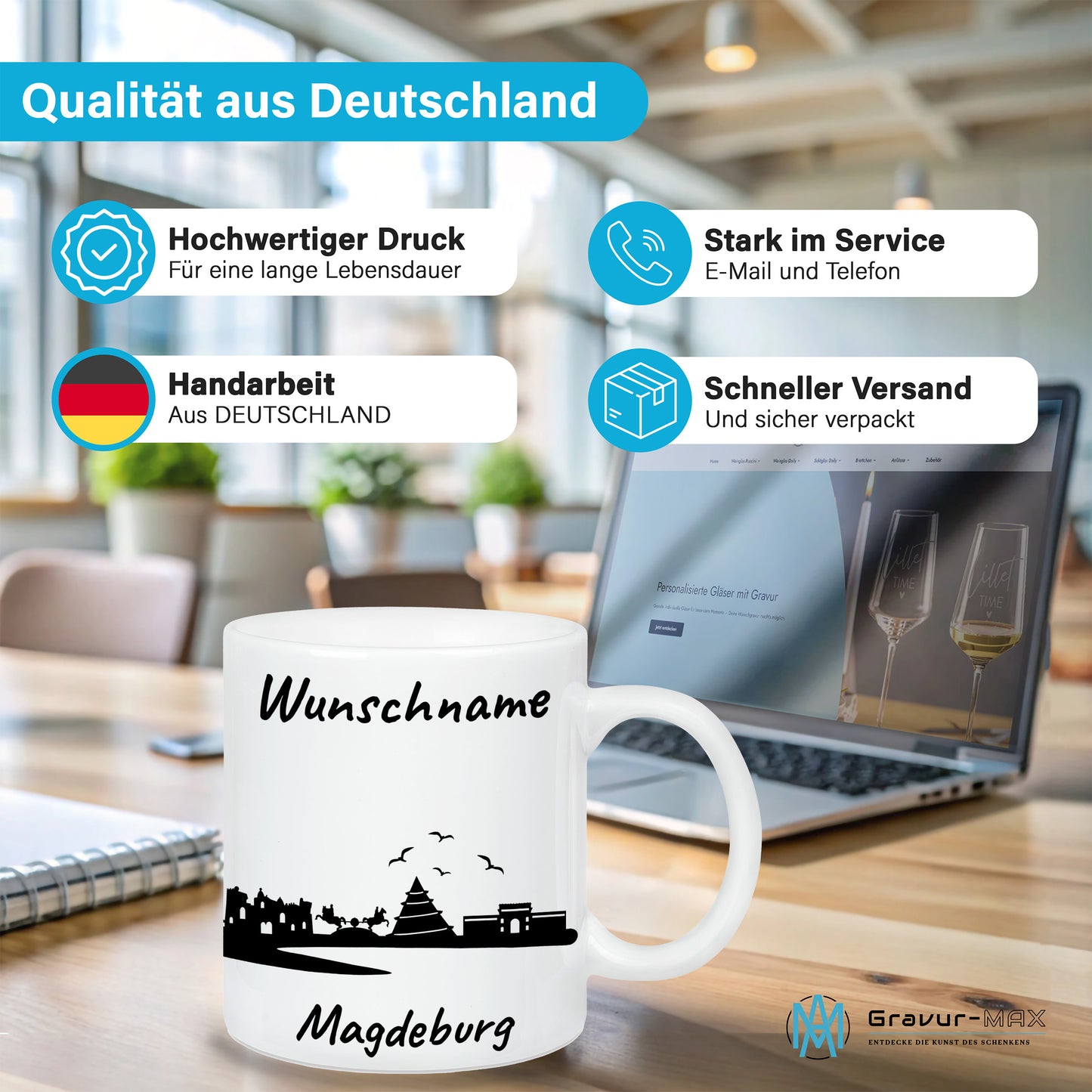 Tasse in Weiß 330ml bedruckt mit der Skyline von Magdeburg personalisierbar mit Wunschname
