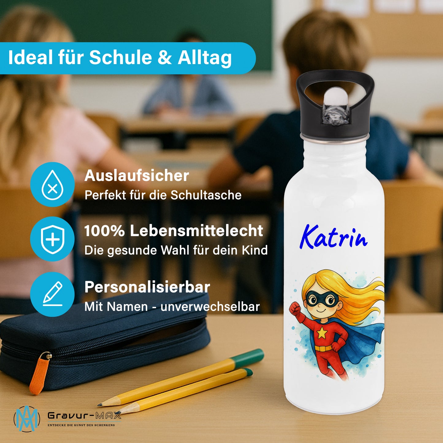 Trinkflasche mit Strohhalm in Weiß 600ml bedruckt mit tollen Motiven für Kinder "Superheldin" personalisierbar für Kinder mit Wunschname aus Edelstahl