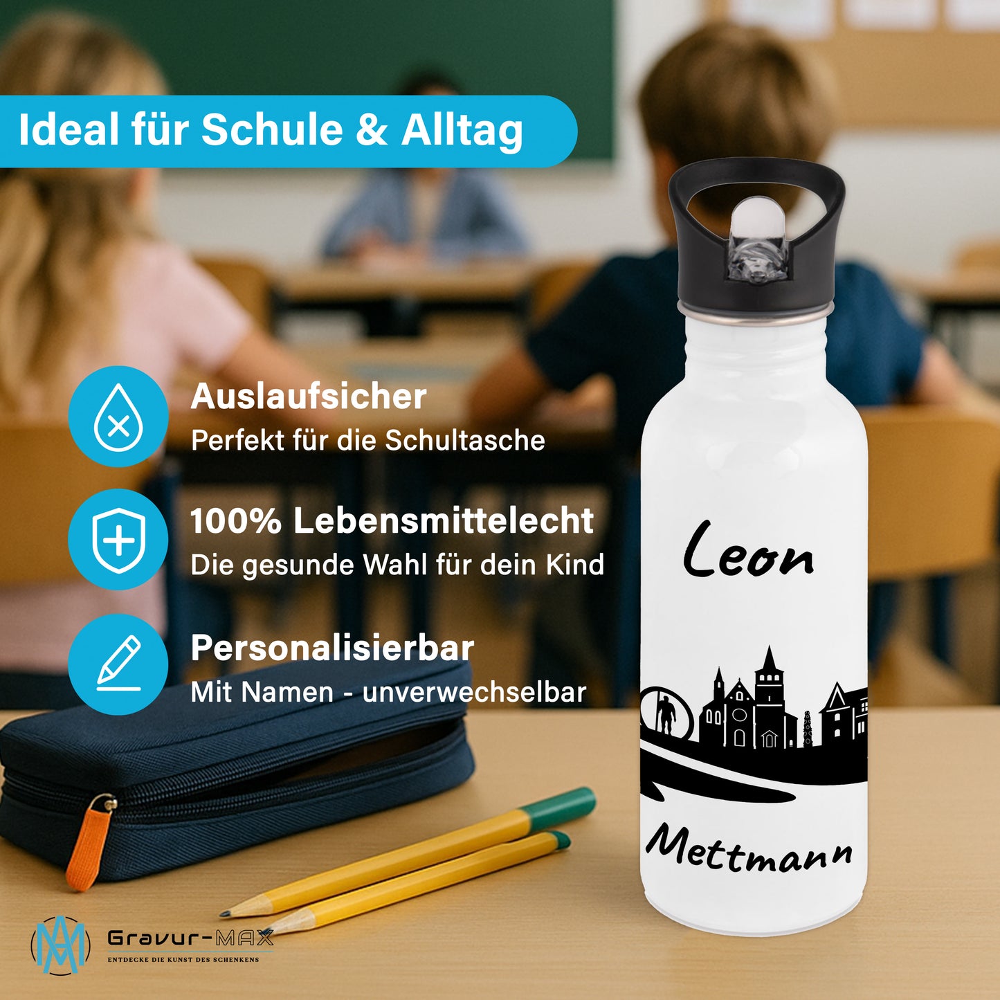 Trinkflasche in Weiß 600ml aus Edelstahl bedruckt mit der Skyline von Mettmann personalisierbar mit Wunschname