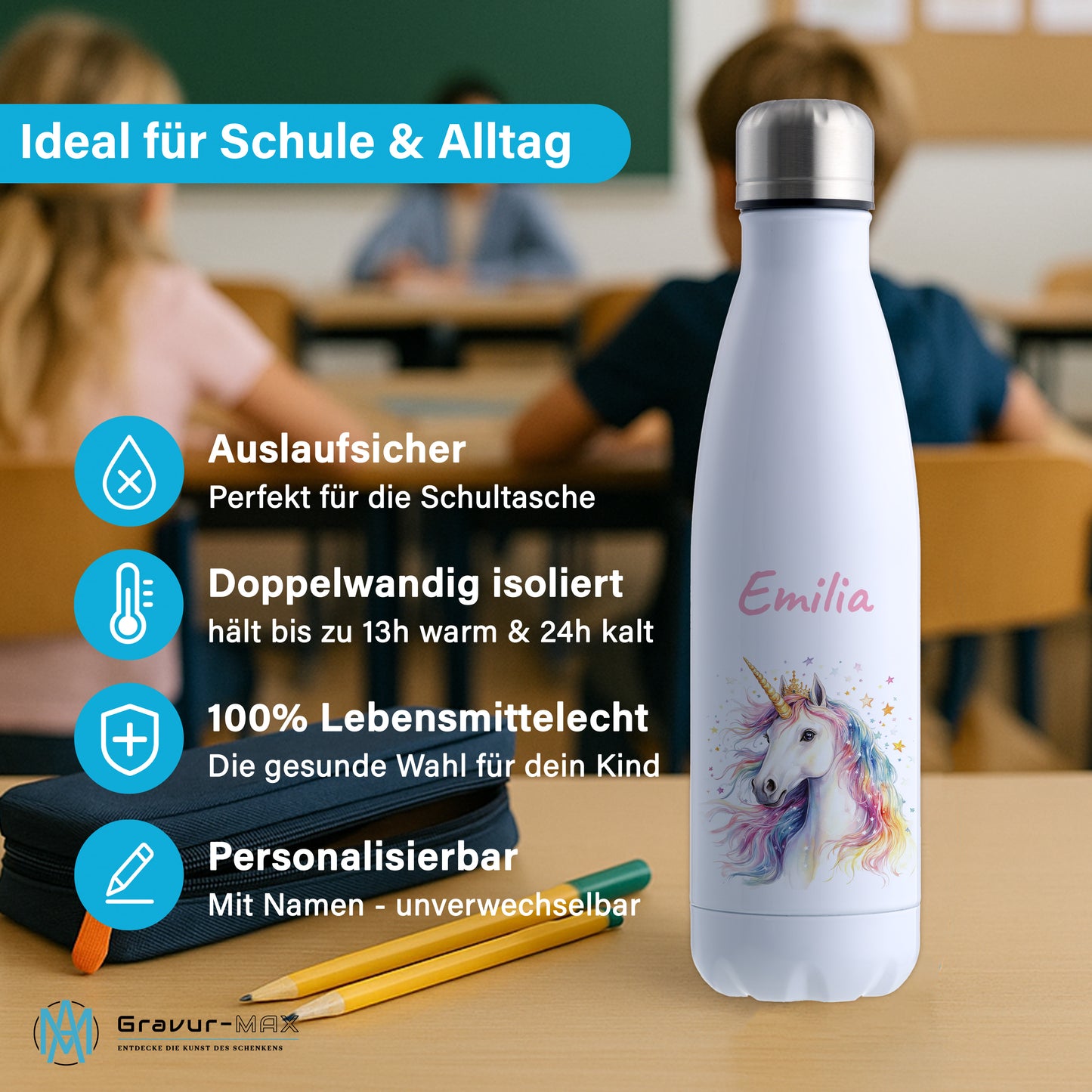 Thermoflasche 500ml in Weiß bedruckt mit tollen Motiven für Kinder "Einhorn" personalisierbar mit Wunschname