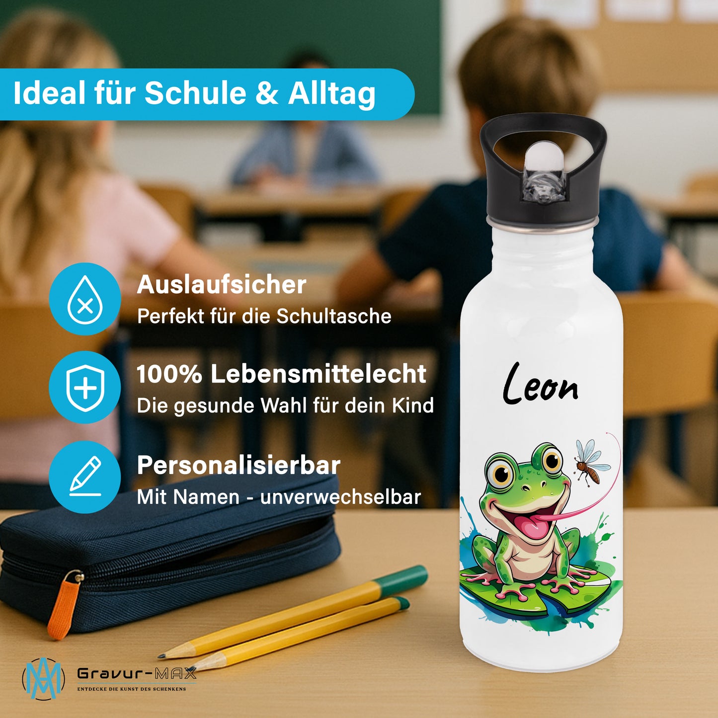 Trinkflasche mit Strohhalm in Weiß 600ml bedruckt mit niedlichen Tieren"Frosch" personalisierbar für Kinder mit Wunschname aus Edelstahl
