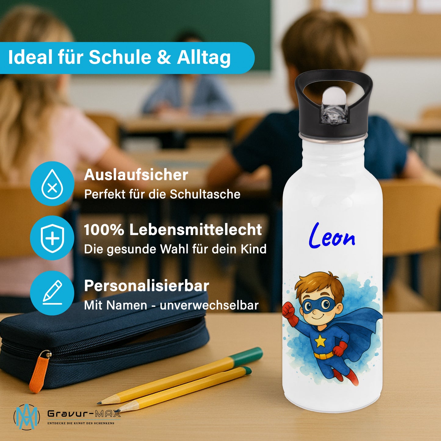 Trinkflasche mit Strohhalm in Weiß 600ml bedruckt mit tollen Motiven für Kinder "Superheld" personalisierbar für Kinder mit Wunschname aus Edelstahl