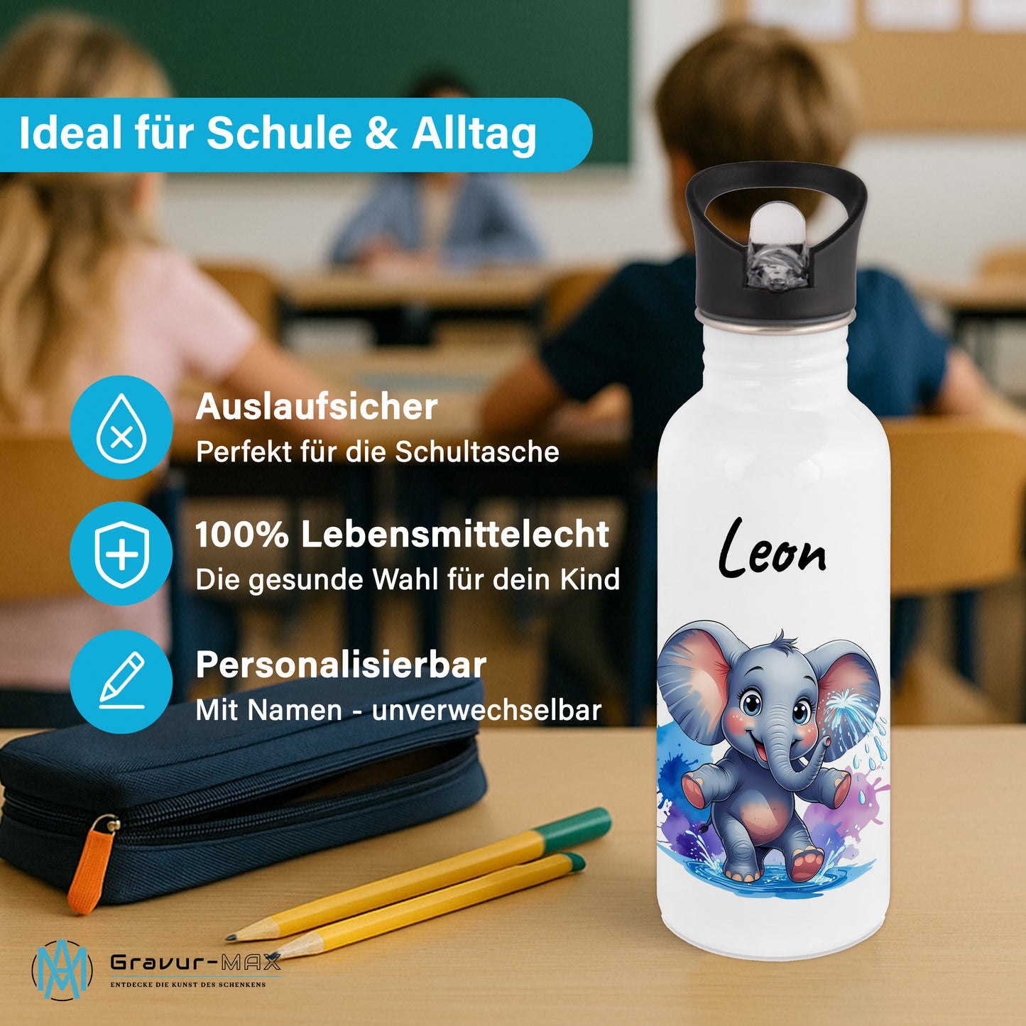 Trinkflasche mit Strohhalm in Weiß 600ml bedruckt mit niedlichen Tieren"Elefant" personalisierbar für Kinder mit Wunschname aus Edelstahl