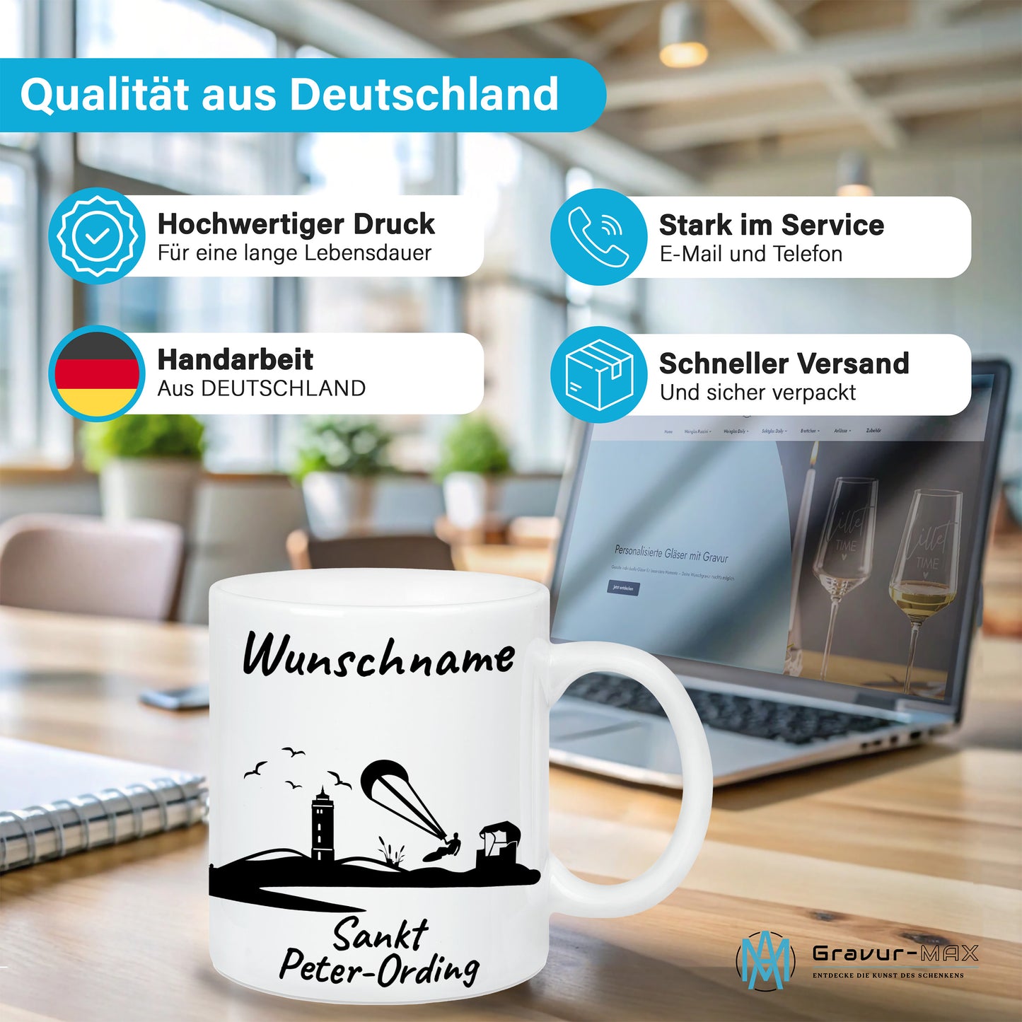 Tasse in Weiß 330ml bedruckt mit der Skyline von Sankt Peter-Ording personalisierbar mit Wunschname