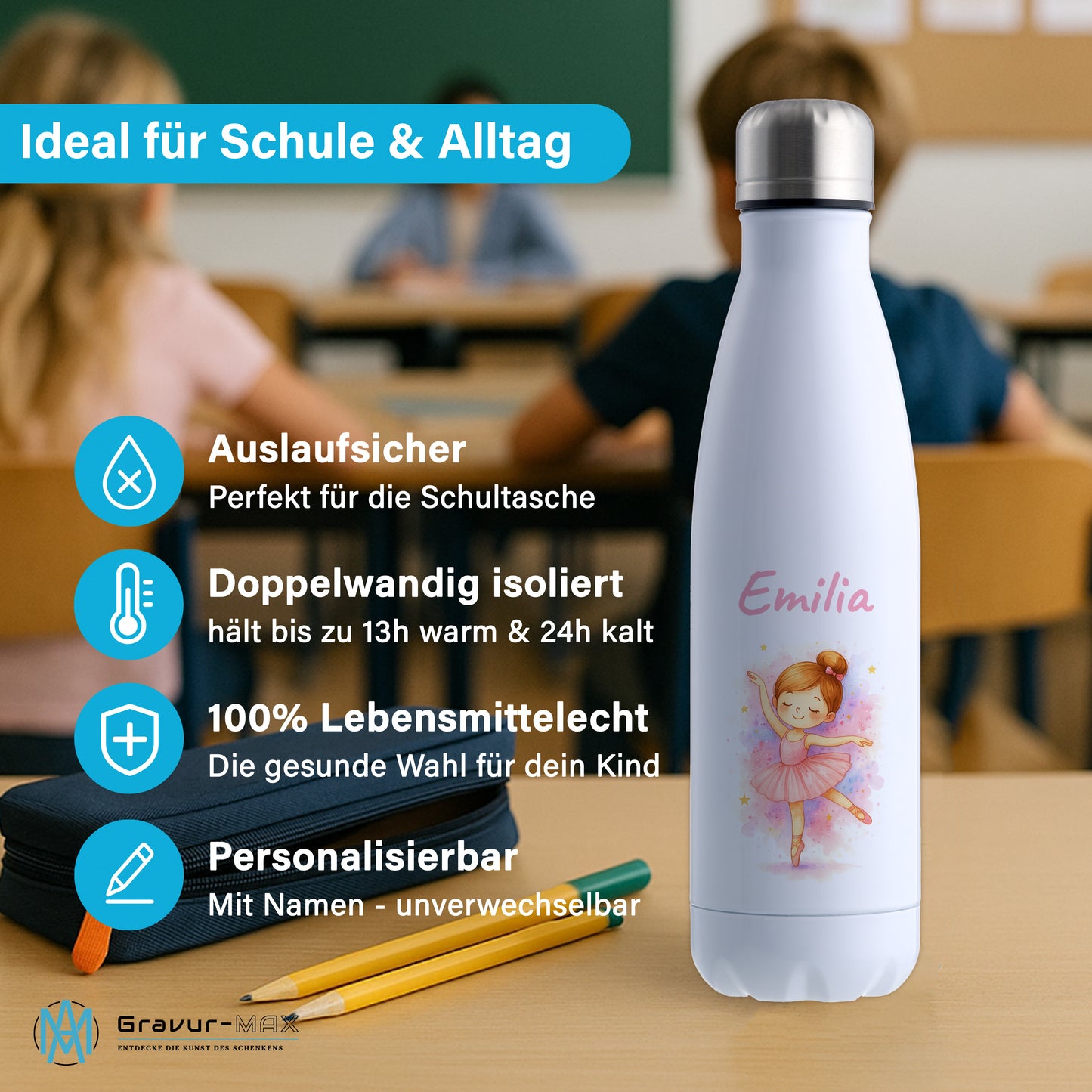 Thermoflasche 500ml in Weiß bedruckt mit tollen Motiven für Kinder "Ballerina" personalisierbar mit Wunschname