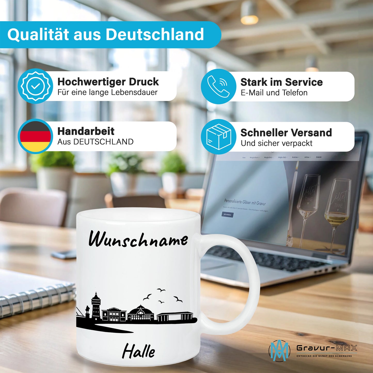 Tasse in Weiß 330ml bedruckt mit der Skyline von Halle personalisierbar mit Wunschname
