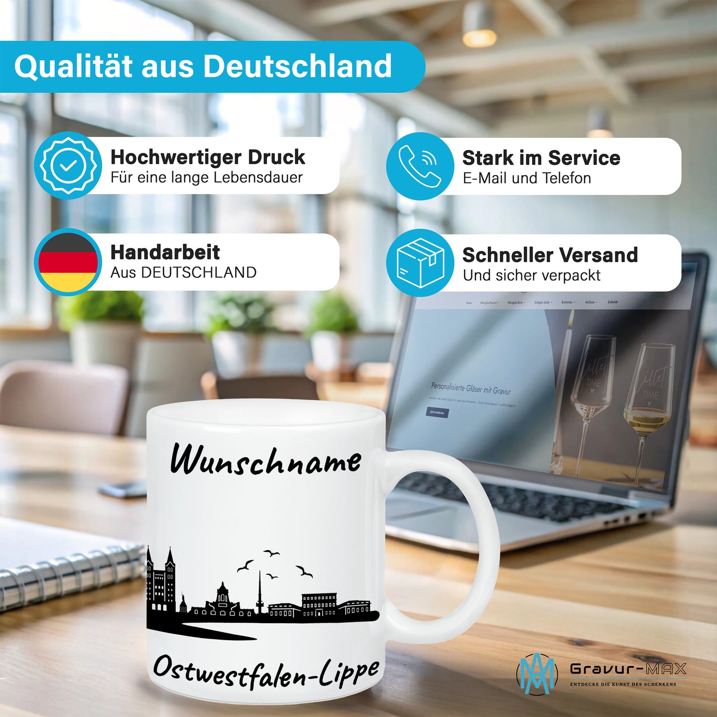 Tasse in Weiß 330ml bedruckt mit der Skyline von Ostwestfalen-Lippe personalisierbar mit Wunschname