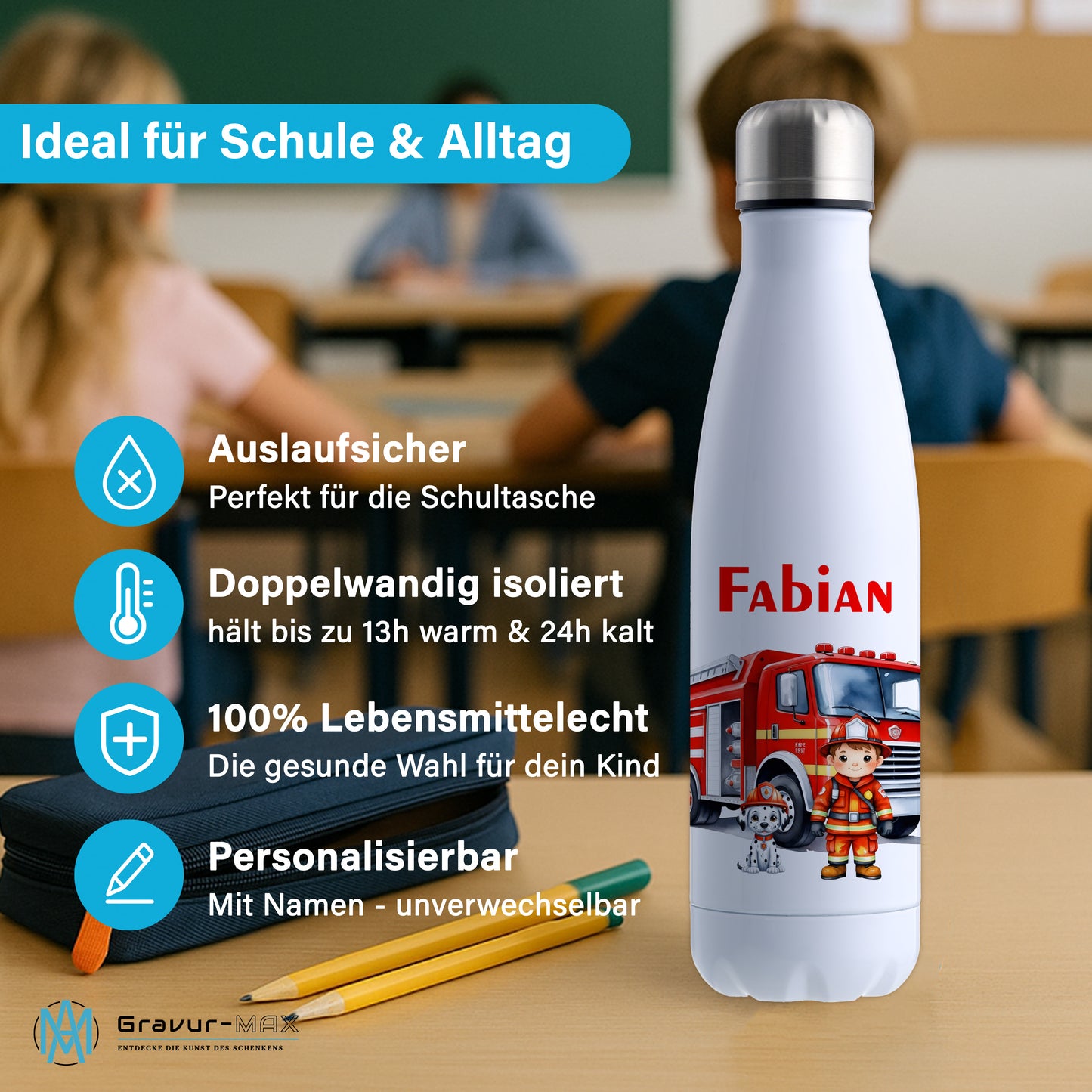 Thermoflasche 500ml in Weiß bedruckt mit tollen Motiven für Kinder "Feuerwehr" personalisierbar mit Wunschname