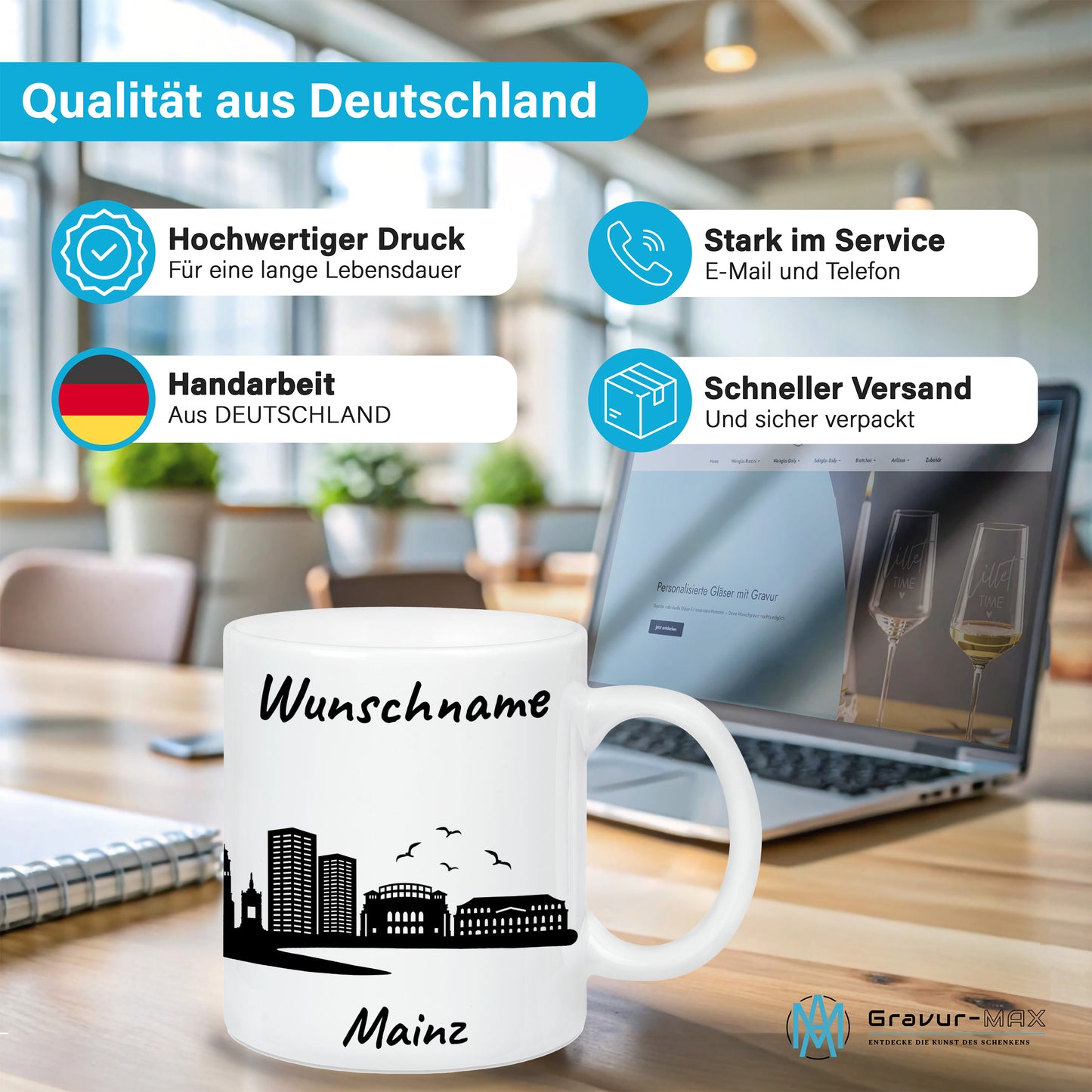 Tasse in Weiß 330ml bedruckt mit der Skyline von Mainz personalisierbar mit Wunschname