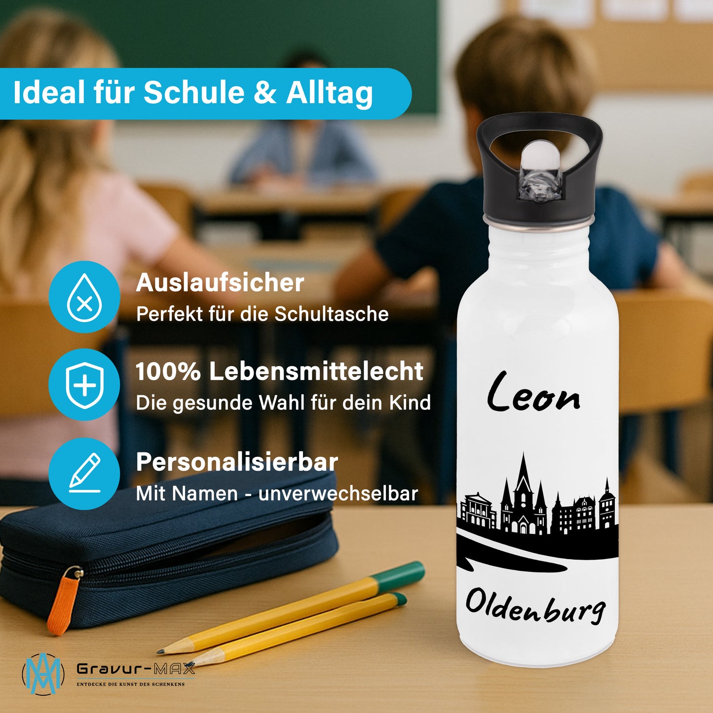 Trinkflasche in Weiß 600ml aus Edelstahl bedruckt mit der Skyline von Oldenburg personalisierbar mit Wunschname