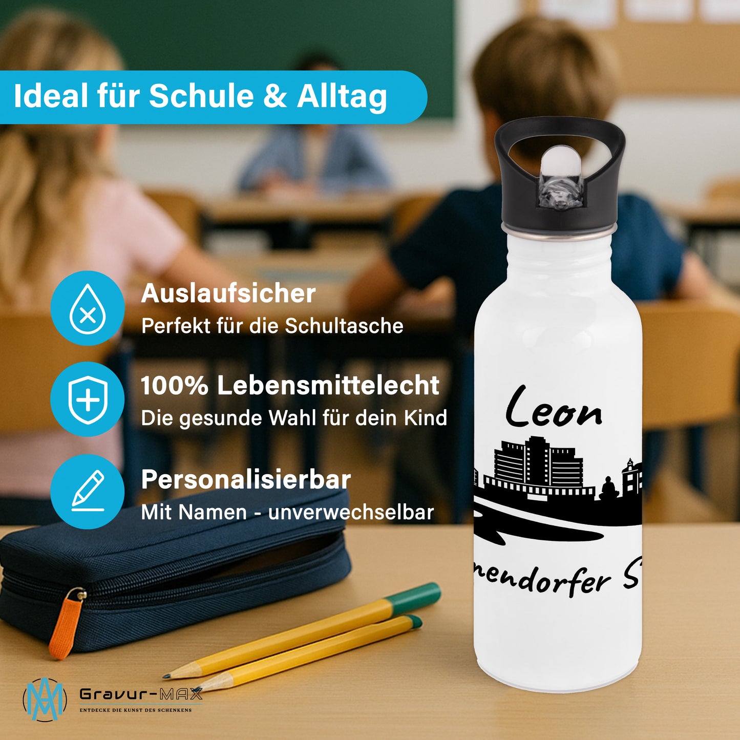 Trinkflasche in Weiß 600ml aus Edelstahl bedruckt mit der Skyline von Timmendorfer Strand personalisierbar mit Wunschname