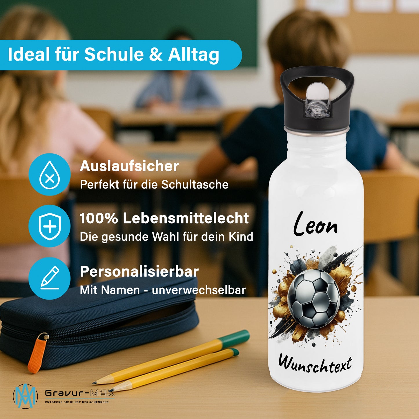Trinkflasche mit Strohhalm in Weiß 600ml bedruckt mit Fußball Motiven"Motiv13" personalisierbar für Kinder mit Wunschname aus Edelstahl