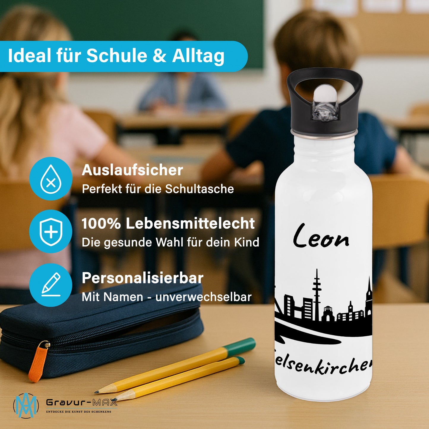 Trinkflasche in Weiß 600ml aus Edelstahl bedruckt mit der Skyline von Gelsenkirchen personalisierbar mit Wunschname