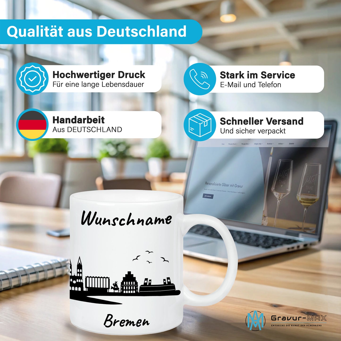 Tasse in Weiß 330ml bedruckt mit der Skyline von Bremen personalisierbar mit Wunschname