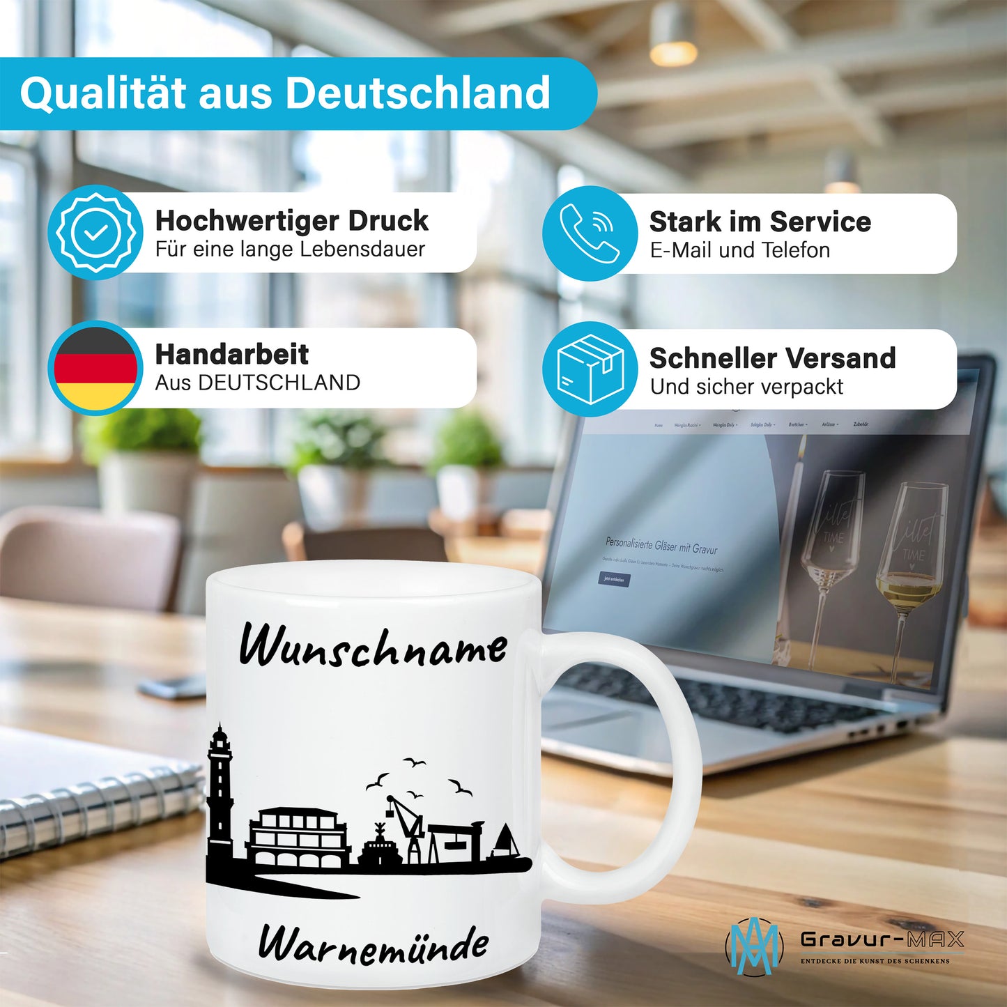 Tasse in Weiß 330ml bedruckt mit der Skyline von Warnemünde personalisierbar mit Wunschname