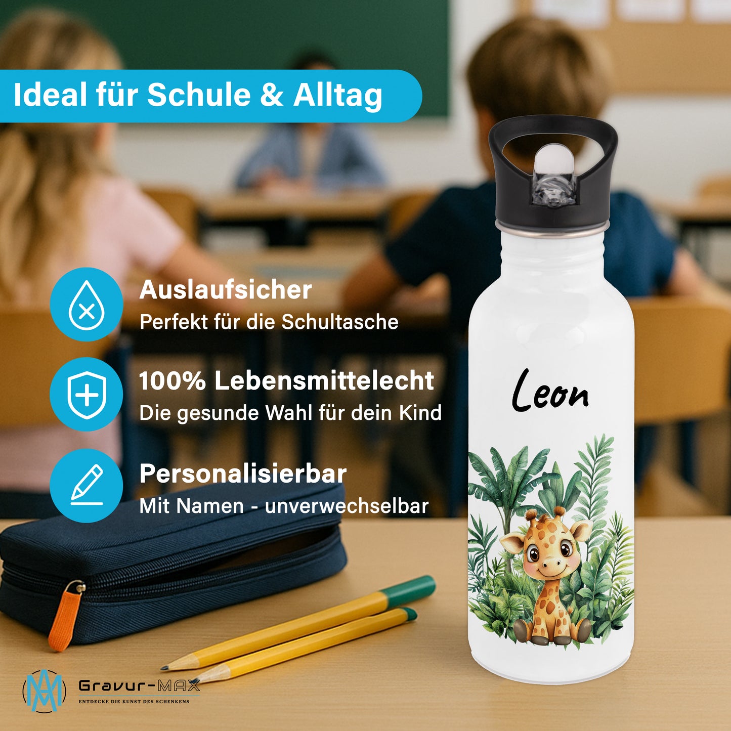 Trinkflasche mit Strohhalm in Weiß 600ml bedruckt mit Dschungel Tieren"Giraffe" personalisierbar für Kinder mit Wunschname aus Edelstahl