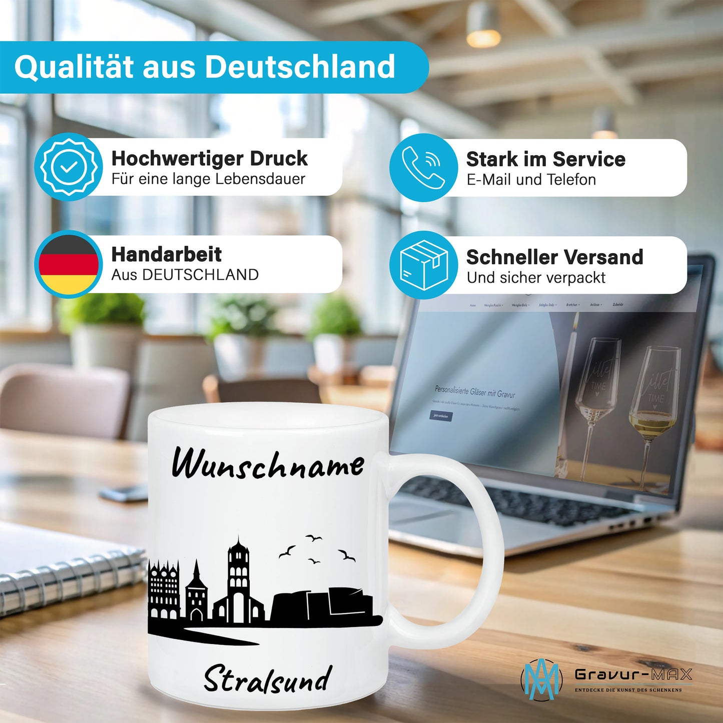 Tasse in Weiß 330ml bedruckt mit der Skyline von Stralsund personalisierbar mit Wunschname