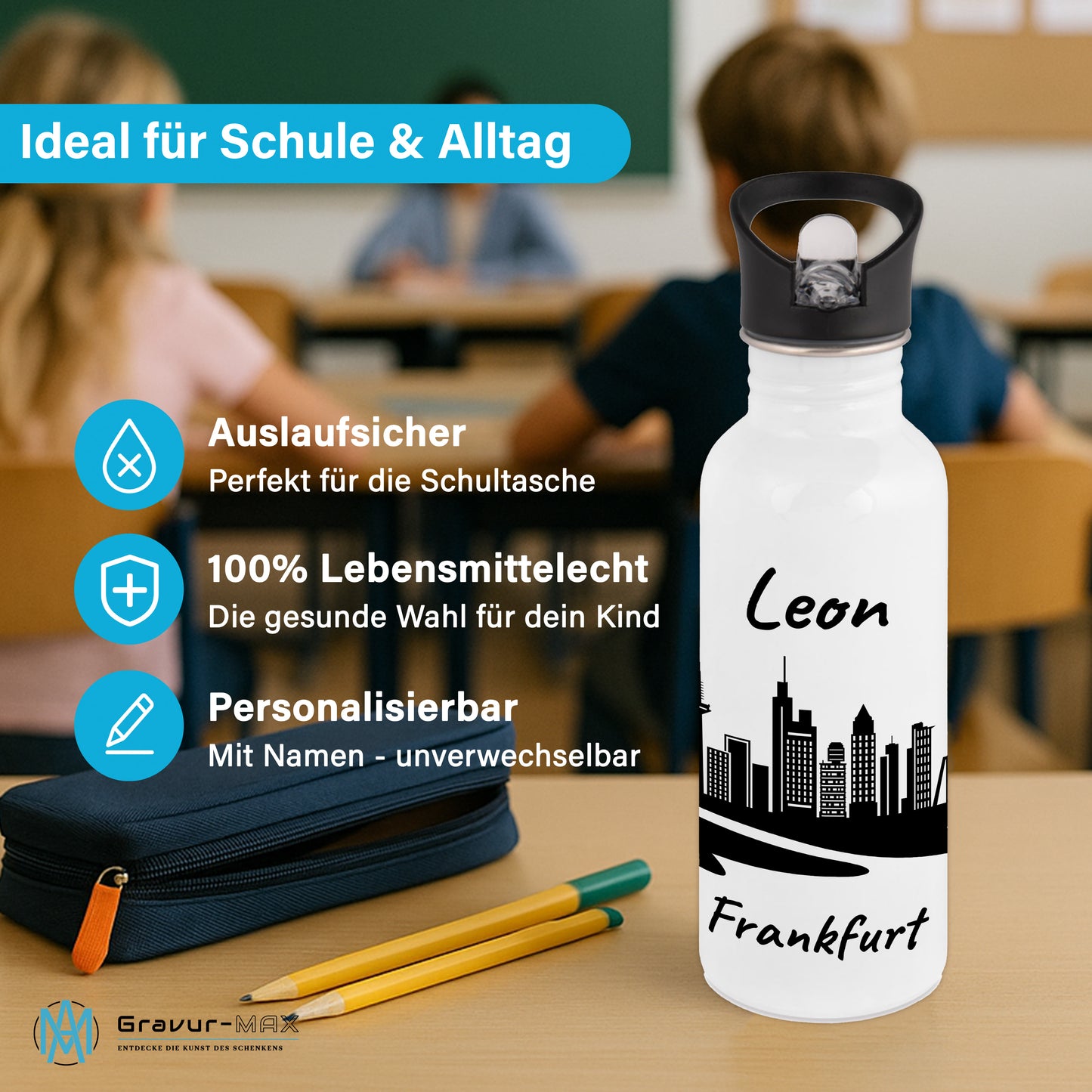Trinkflasche in Weiß 600ml aus Edelstahl bedruckt mit der Skyline von Frankfurt personalisierbar mit Wunschname