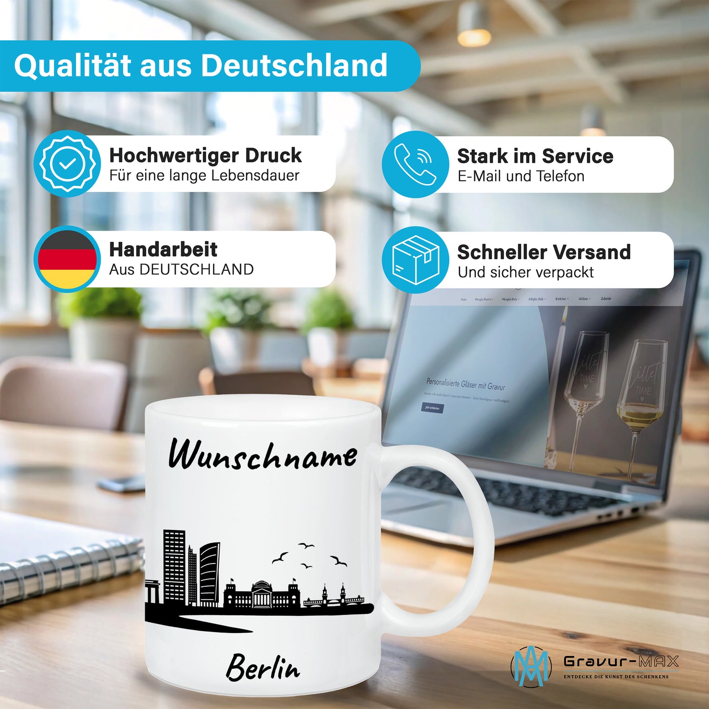 Tasse in Weiß 330ml bedruckt mit der Skyline von Berlin personalisierbar mit Wunschname